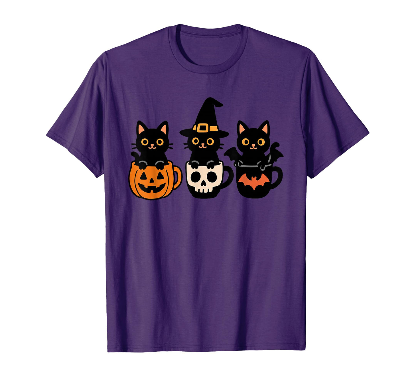 Halloween Cats in Mugs with Pumpkin Skull and Bat Cute Cat T-Shirt