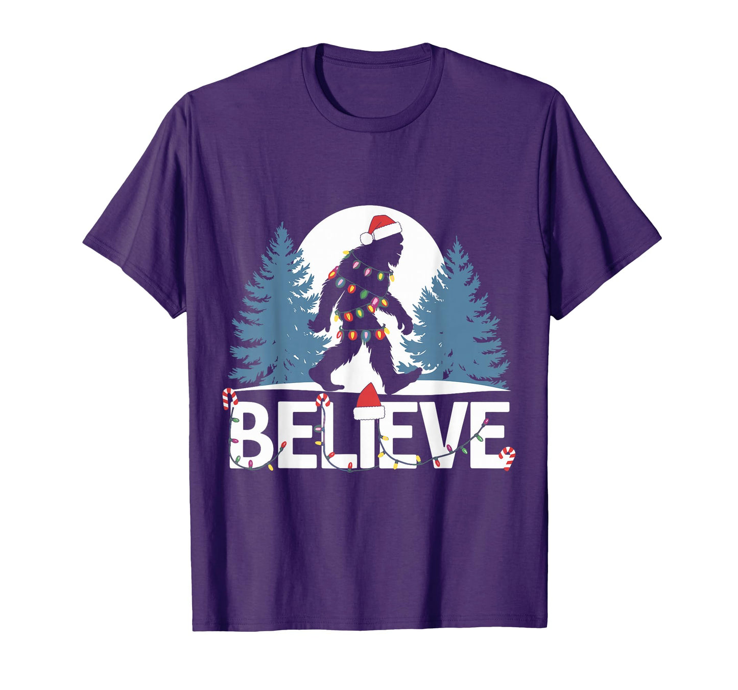 Santa Bigfoot Christmas Lights Funny Sasquatch Believe Xmas T-Shirt