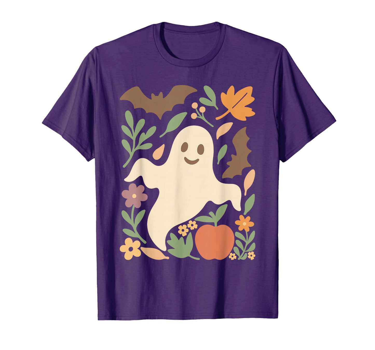 Cute Halloween Ghost All Leaves Bat Apple and Flowers Retro T-Shirt