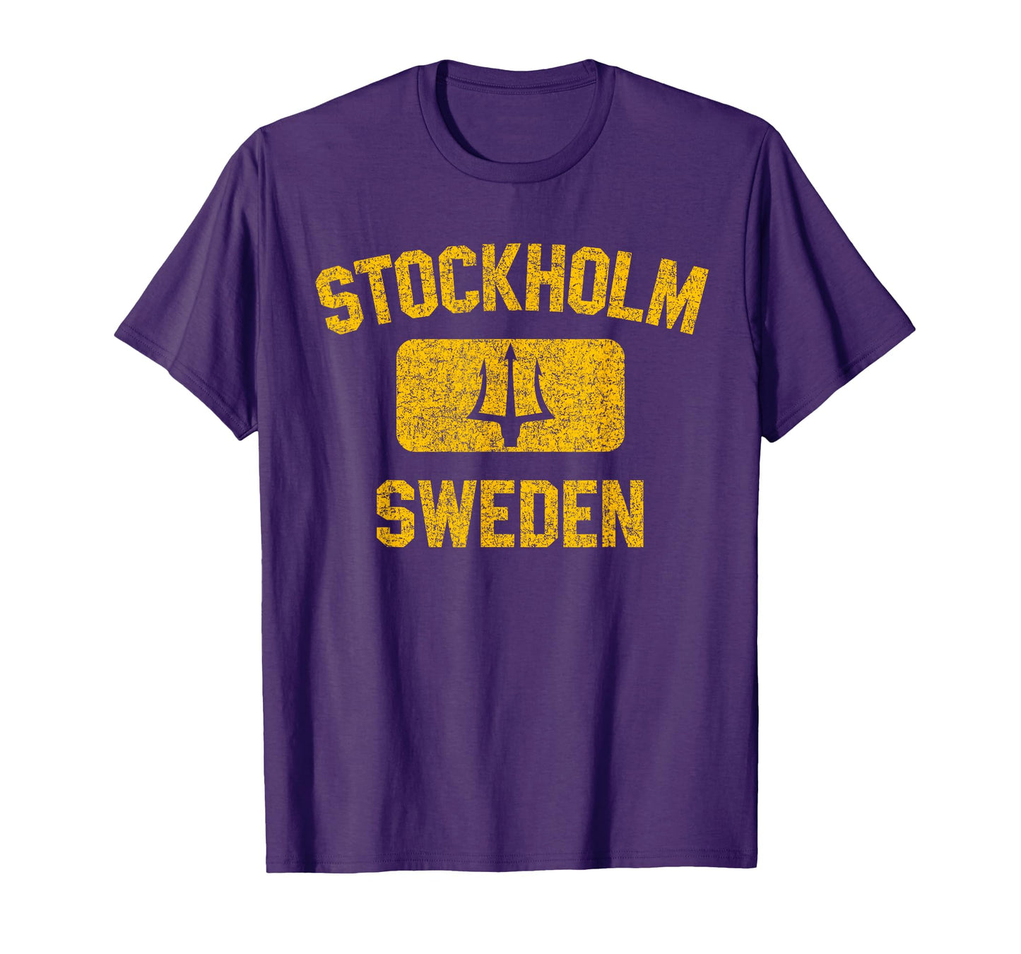 Stockholm Sweden Trident Gym Style Distressed Yellow Print T-Shirt