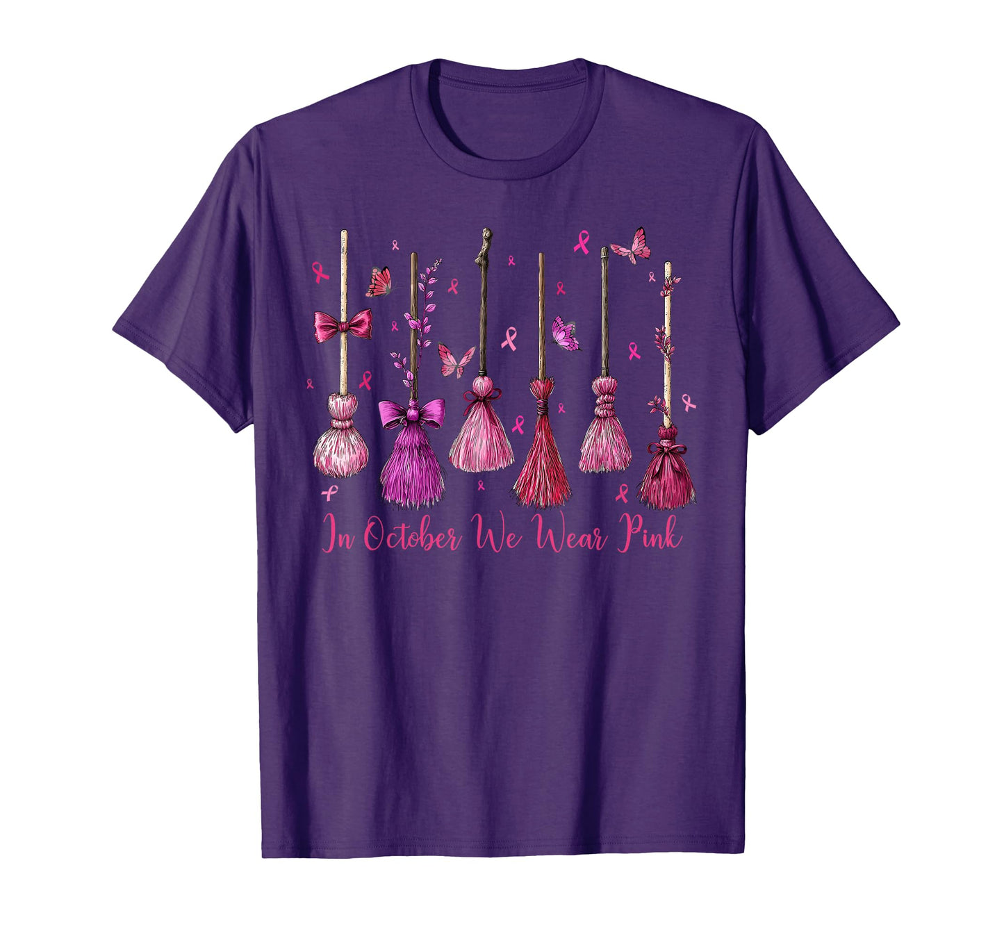 in October We Wear Pink Witch Broom Halloween Breast Cancer T-Shirt
