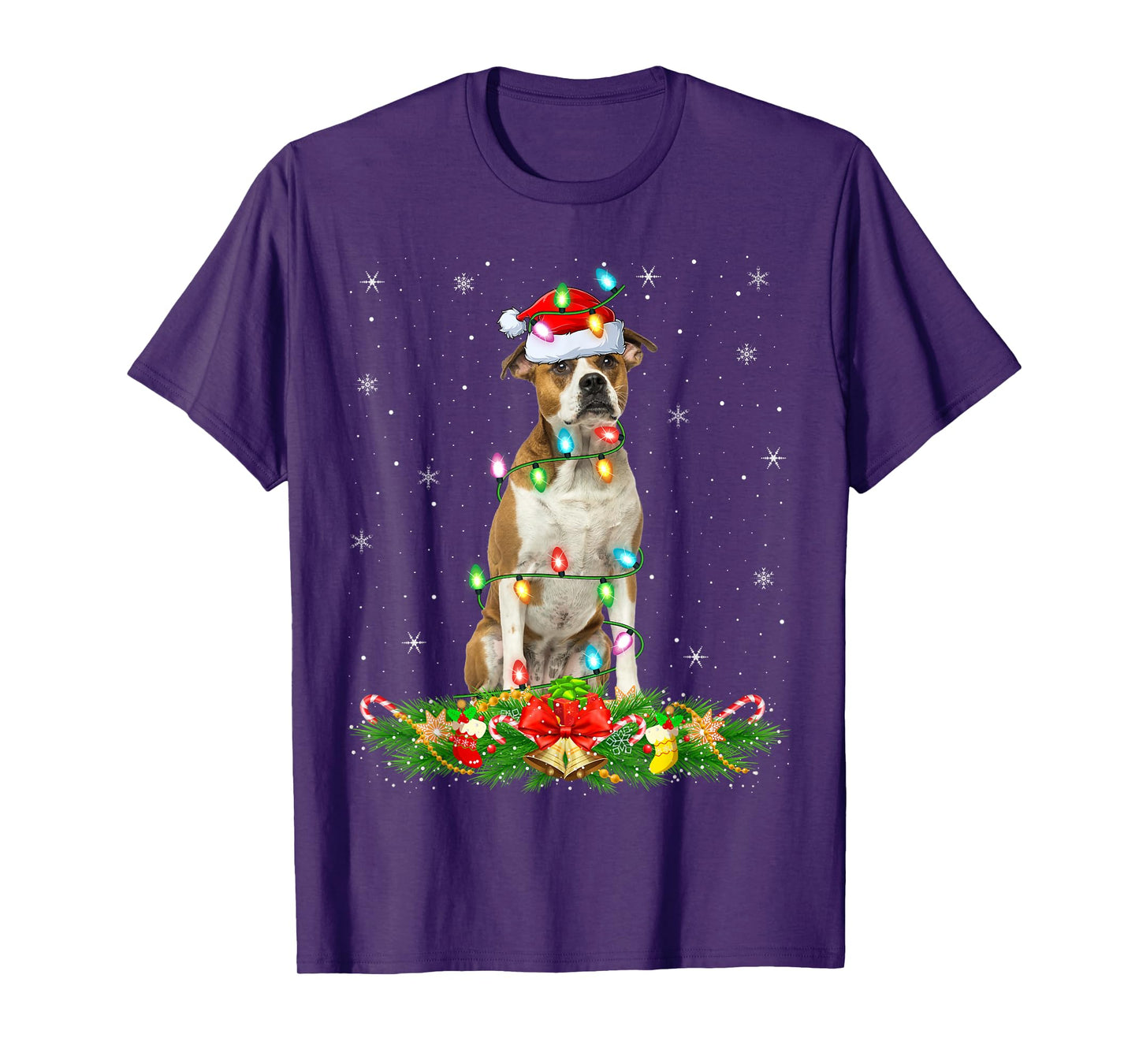 American Bulldog Christmas Lights Funny Santa Hat Xmas T-Shirt