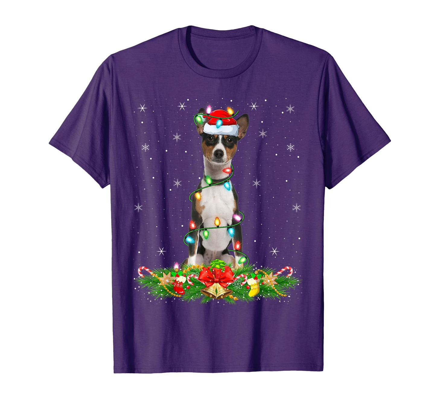 Basenji Dog Christmas Lights Funny Santa Hat Xmas T-Shirt