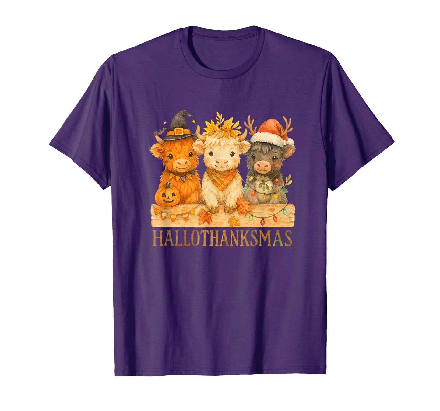 Hallothanksmas Highland Cow Trio Halloween Thanksgiving T-Shirt