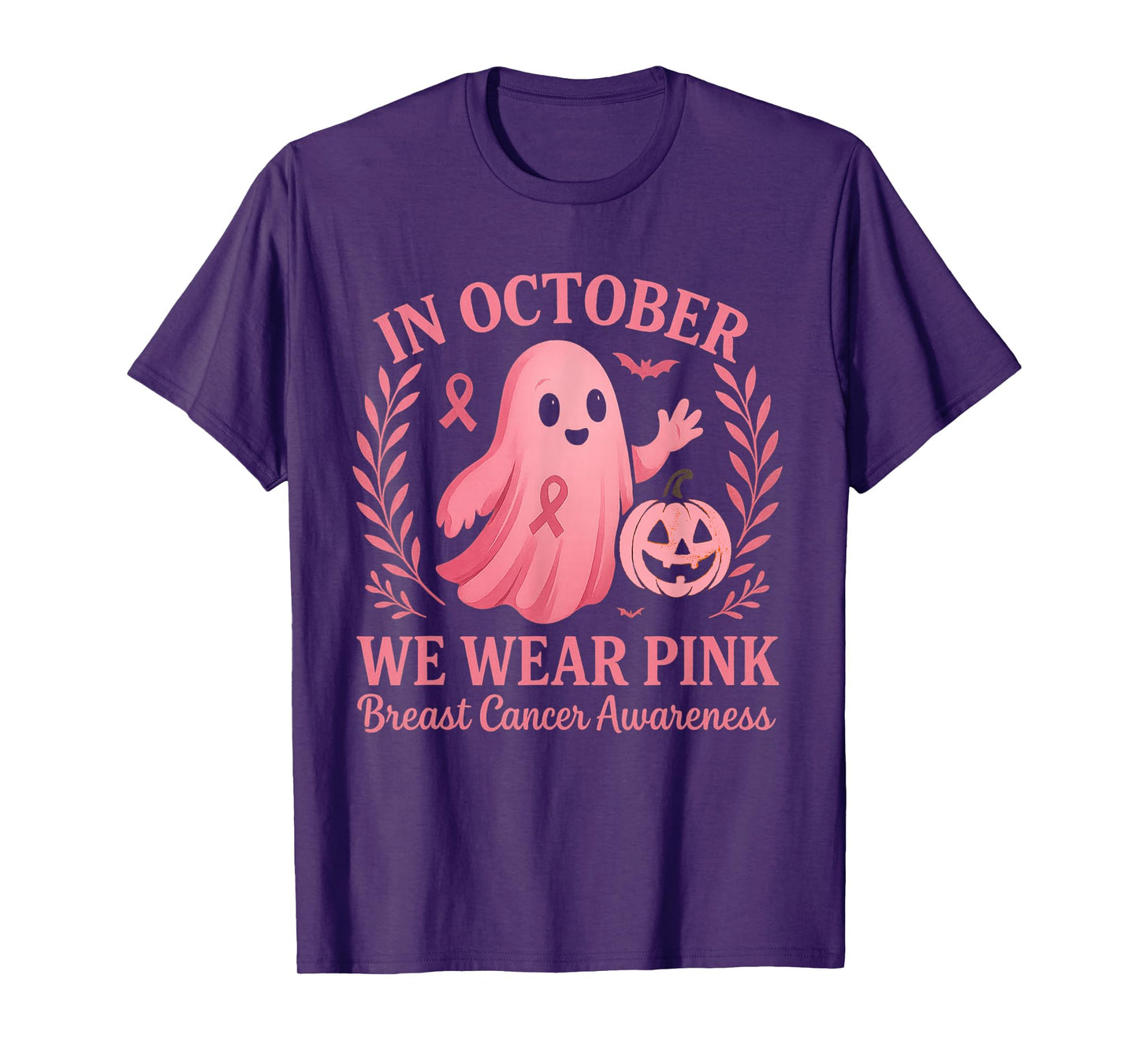 in October We Wear Pink Ghost Witch Breast Cancer Awareness T-Shirt