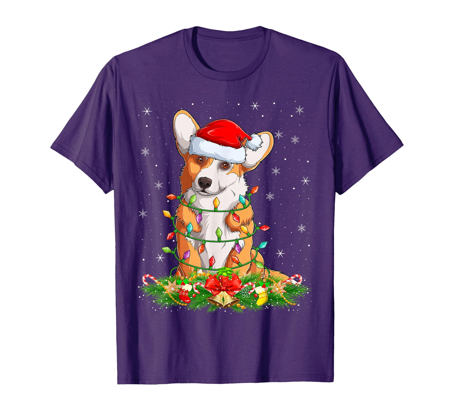 Corgi Dog Christmas Lights Funny Santa Hat Xmas T-Shirt