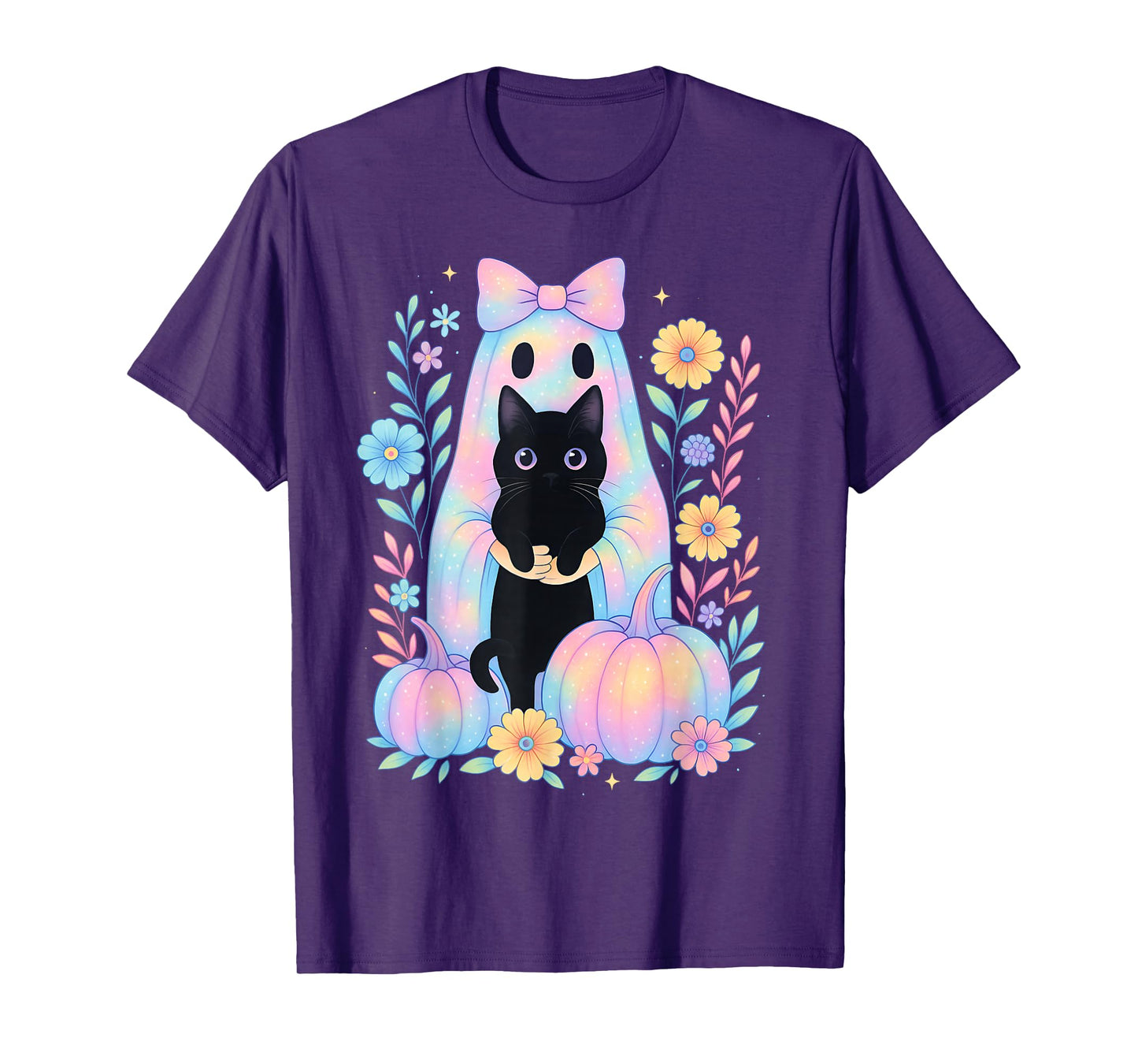 Pastel Galaxy Halloween Ghost Holding Black Cat Floral Girls T-Shirt