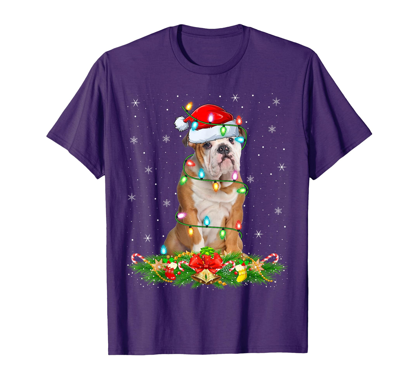 English Bulldog Christmas Lights Funny Santa Hat Xmas T-Shirt