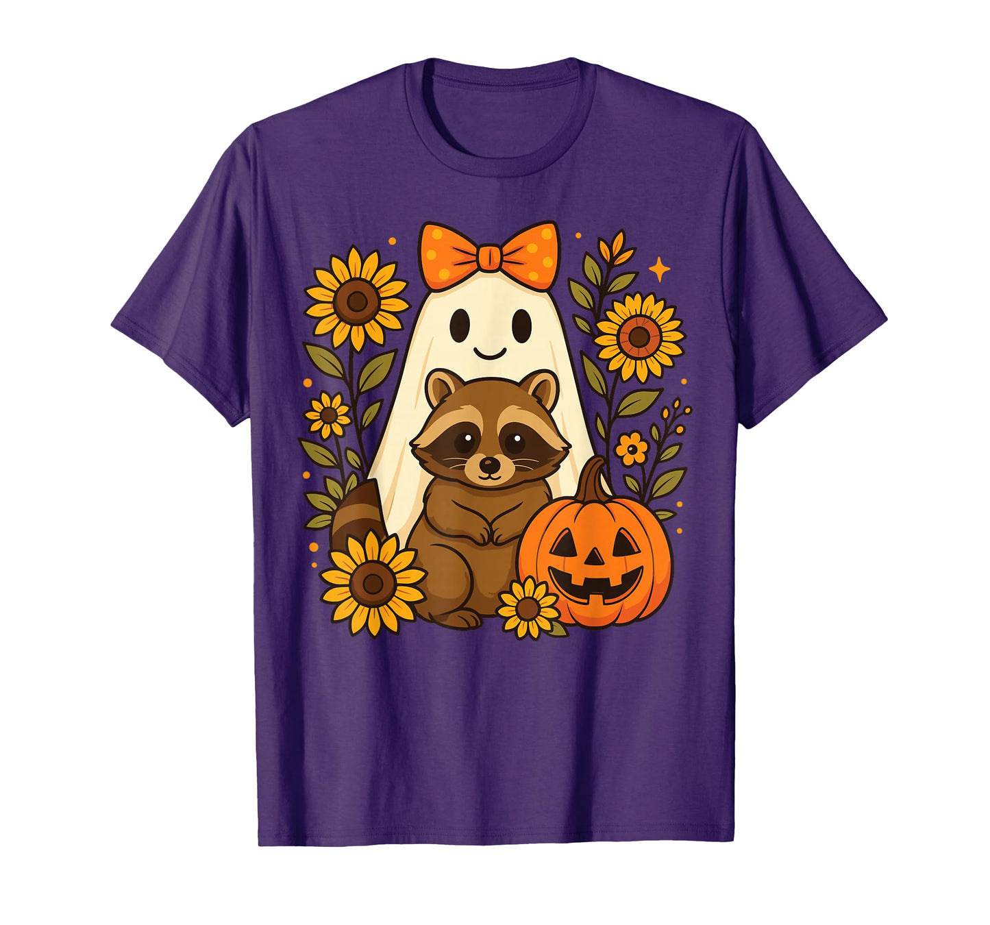 Vintage Halloween Ghost Holding Raccoon Groovy Floral Fall T-Shirt