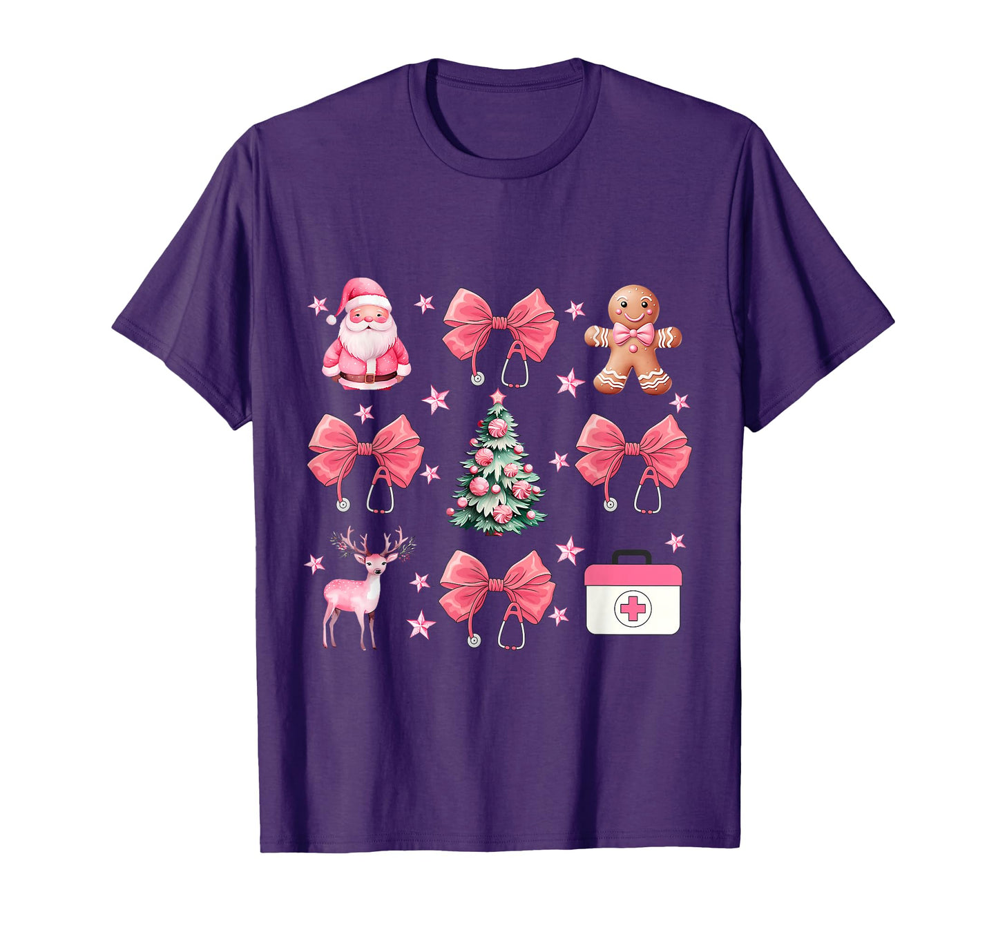 Coquette Bow Pink Nurse Tree Santa Gingerbread Christmas T-Shirt