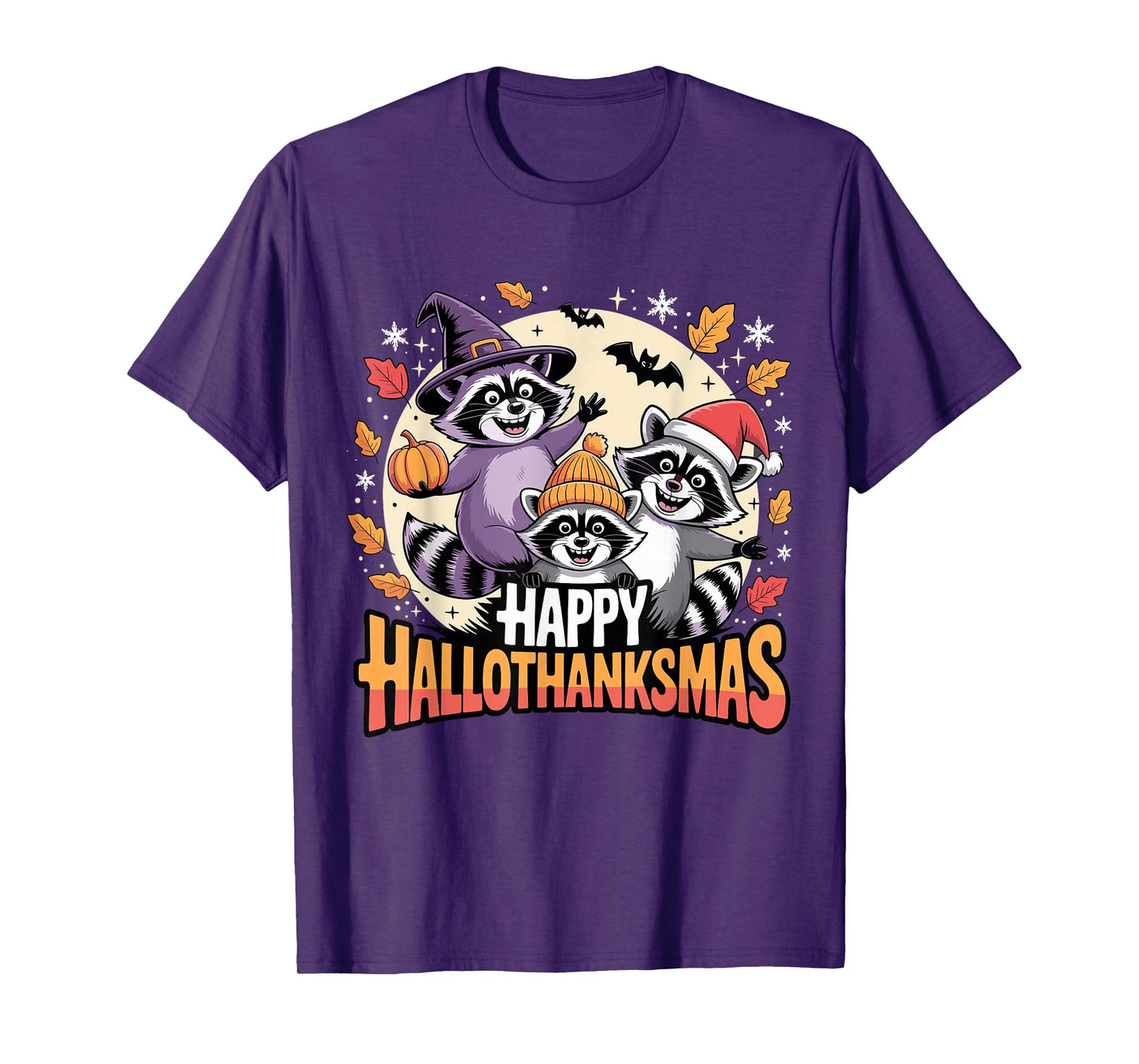 Happy Hallothanksmas Raccoon Trio Pumpkin T-Shirt