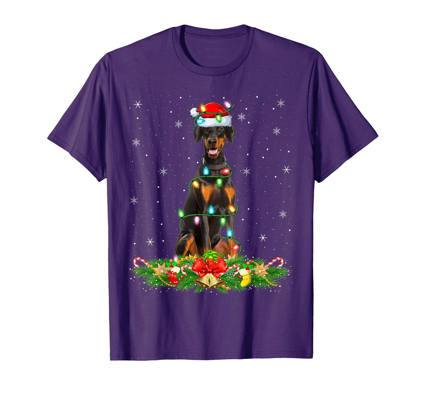 Dobermann Dog Christmas Lights Funny Santa Hat Xmas T-Shirt