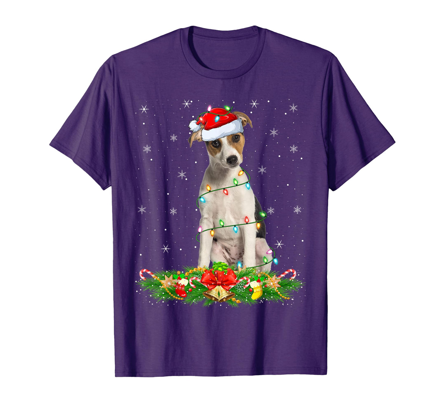 Fox Terrier Dog Christmas Lights Funny Santa Hat Xmas T-Shirt