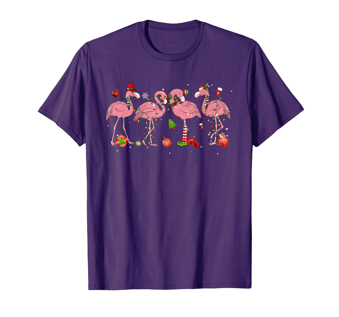 Pink Flamingo Hat Santa Merry Christmas Lights Womens Girls T-Shirt
