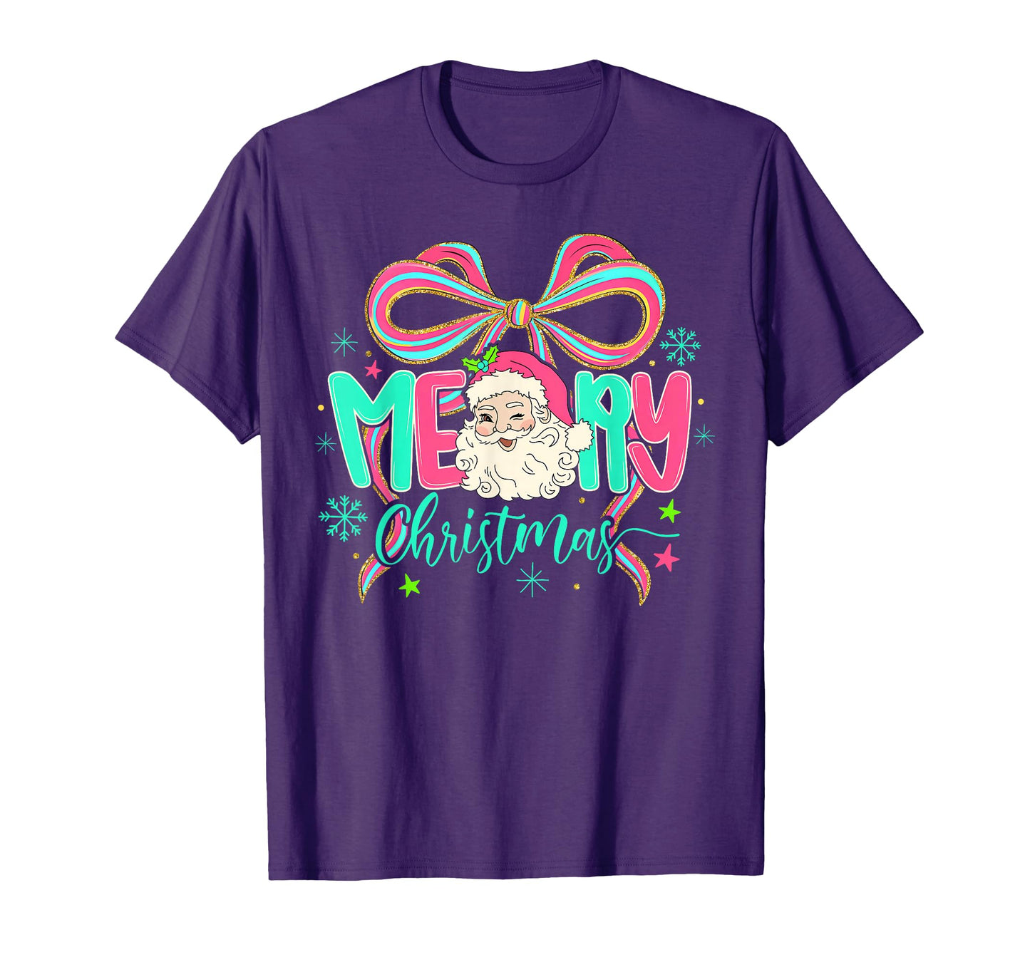 Coquette Bow Merry Christmas Xmas Santa Snowflake Holiday T-Shirt