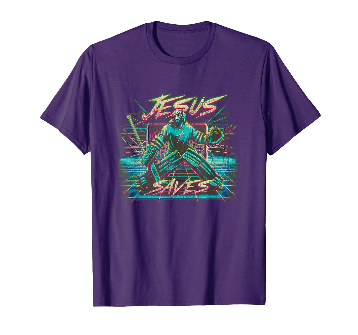 Vintage Retro Vaporwave Jesus Saves Ice Hockey Goalie T-Shirt