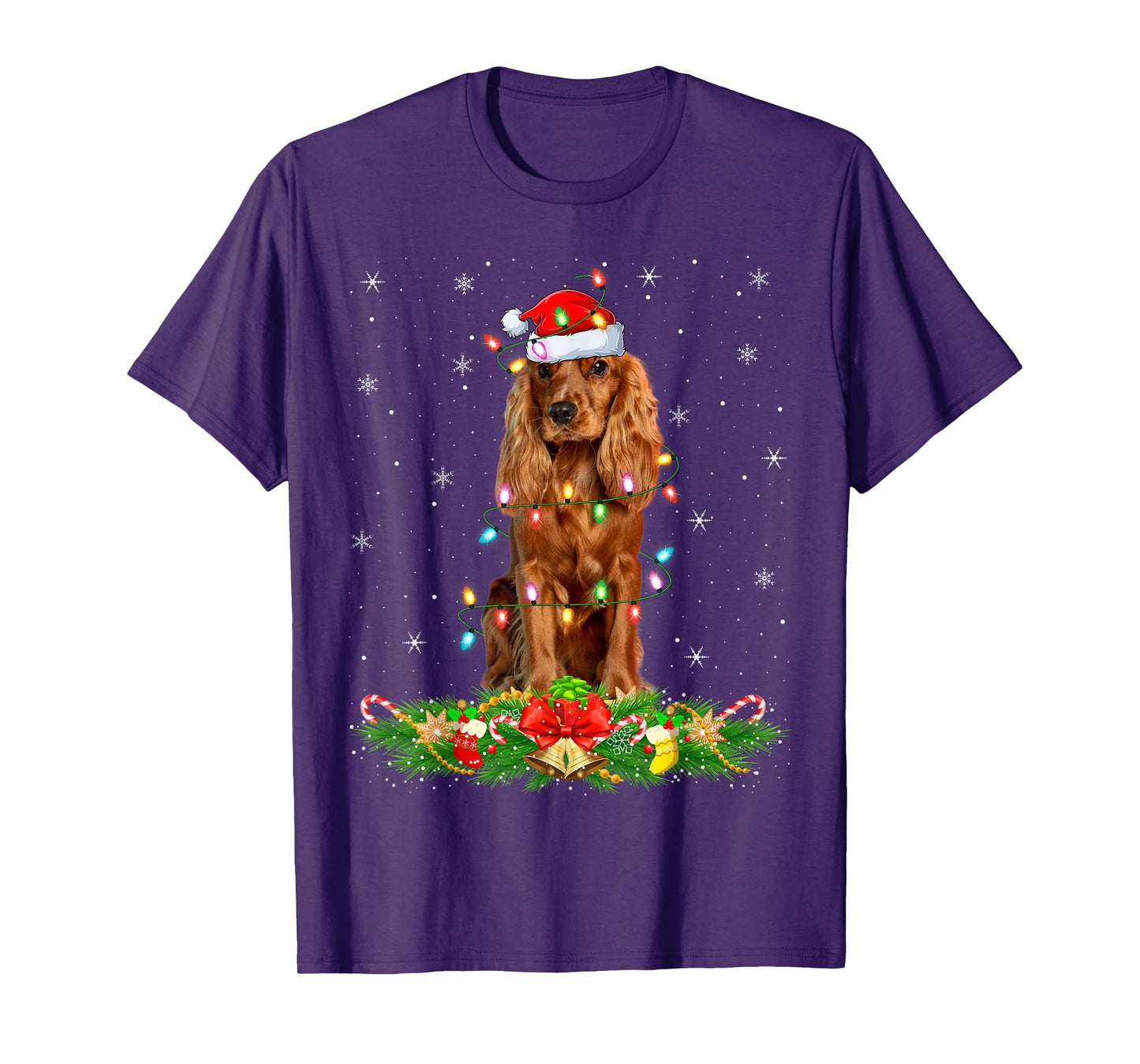 Cocker Spaniel Dog Christmas Lights Funny Santa Hat Xmas T-Shirt