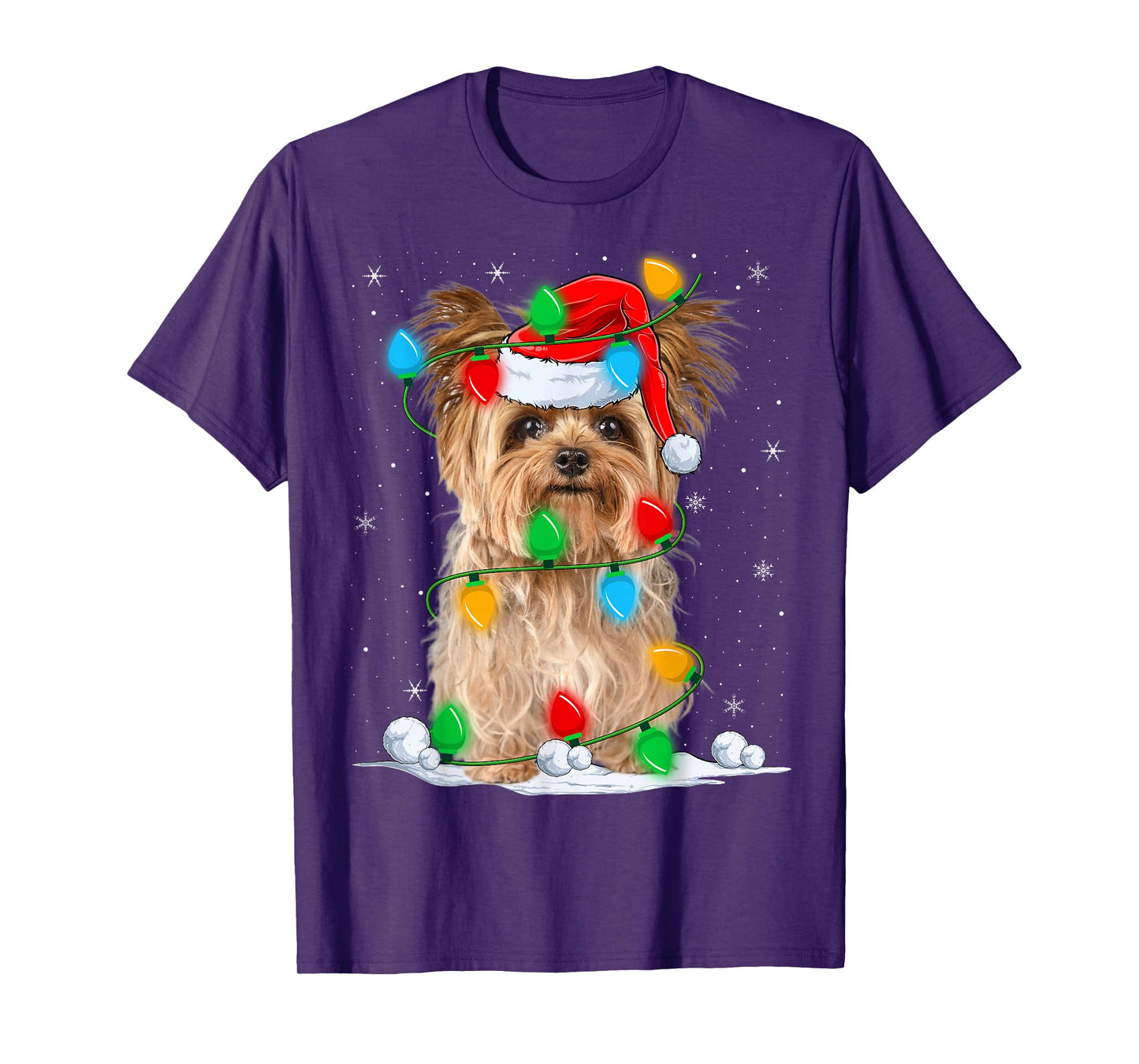 Yorkshire Terrier Dog Christmas Lights Funny Santa Hat Xmas T-Shirt