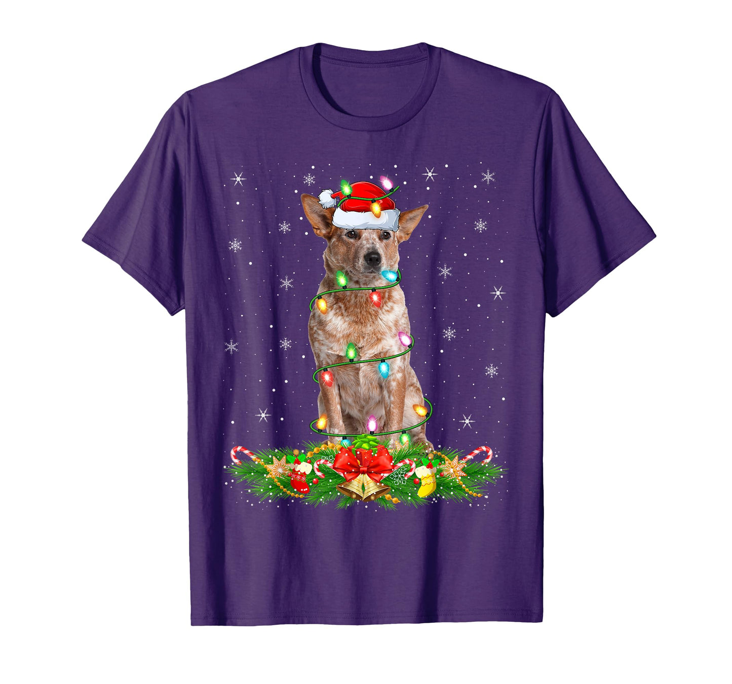 Australian Cattle Dog Christmas Lights Funny Santa Hat Xmas T-Shirt