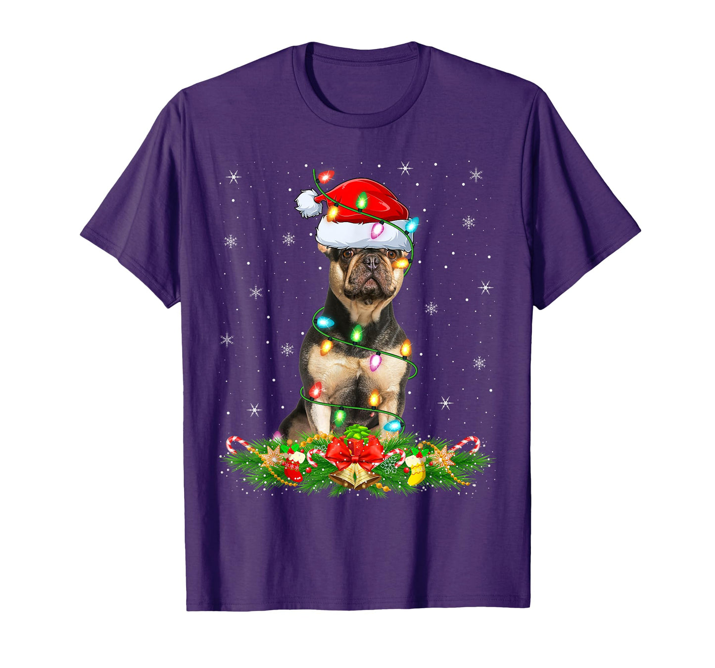 French Bulldog Christmas Lights Funny Santa Hat Xmas T-Shirt