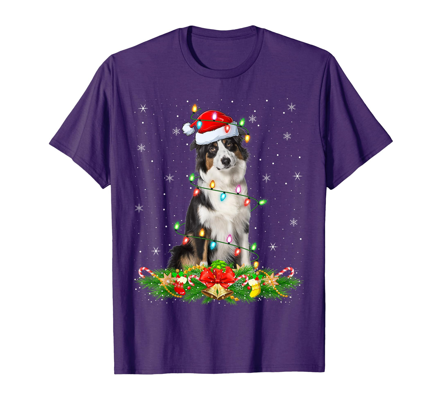 Australian Shepherd Dog Christmas Lights Santa Hat Xmas T-Shirt
