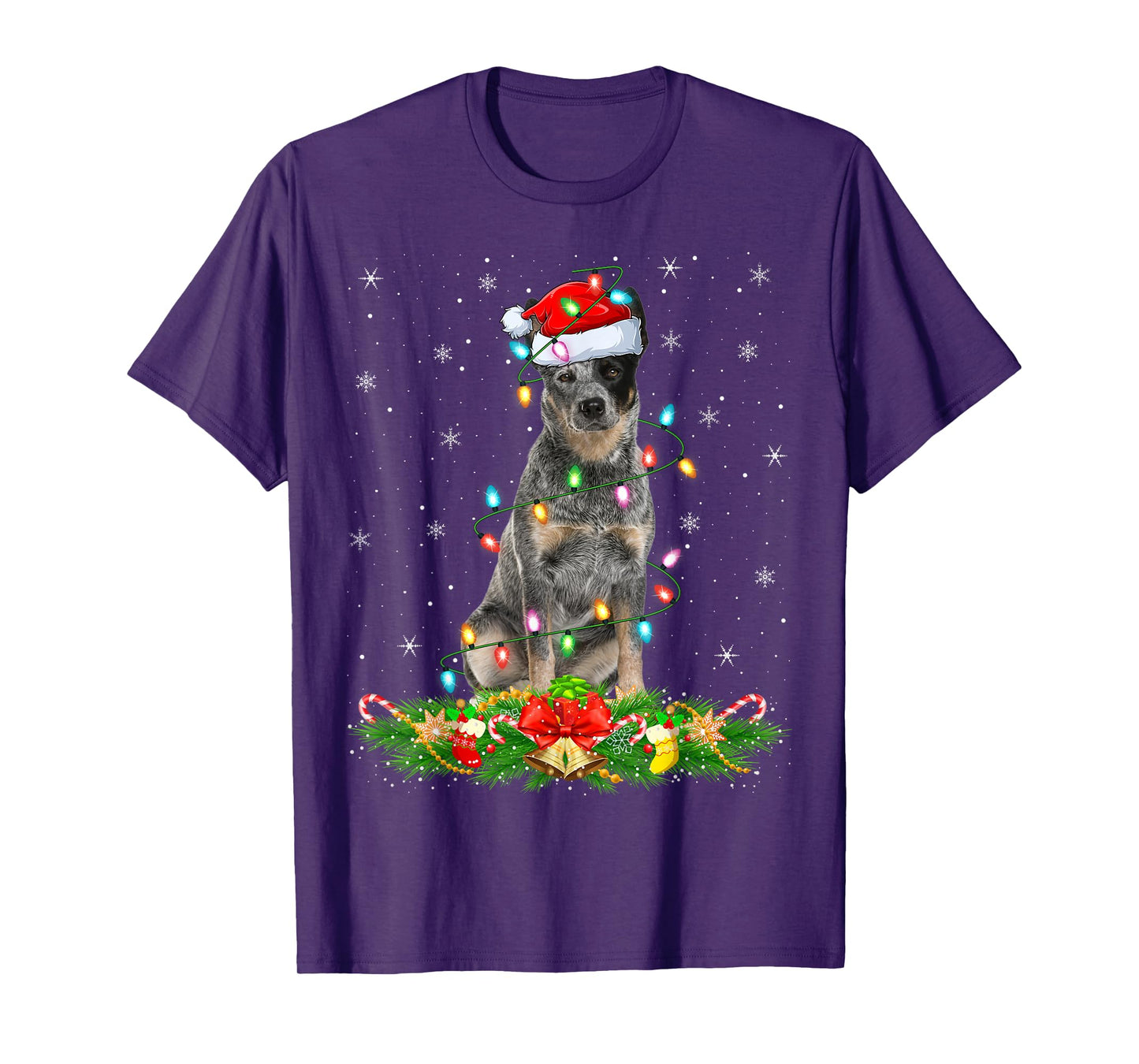 Blue Heeler Dog Christmas Lights Funny Santa Hat Xmas T-Shirt