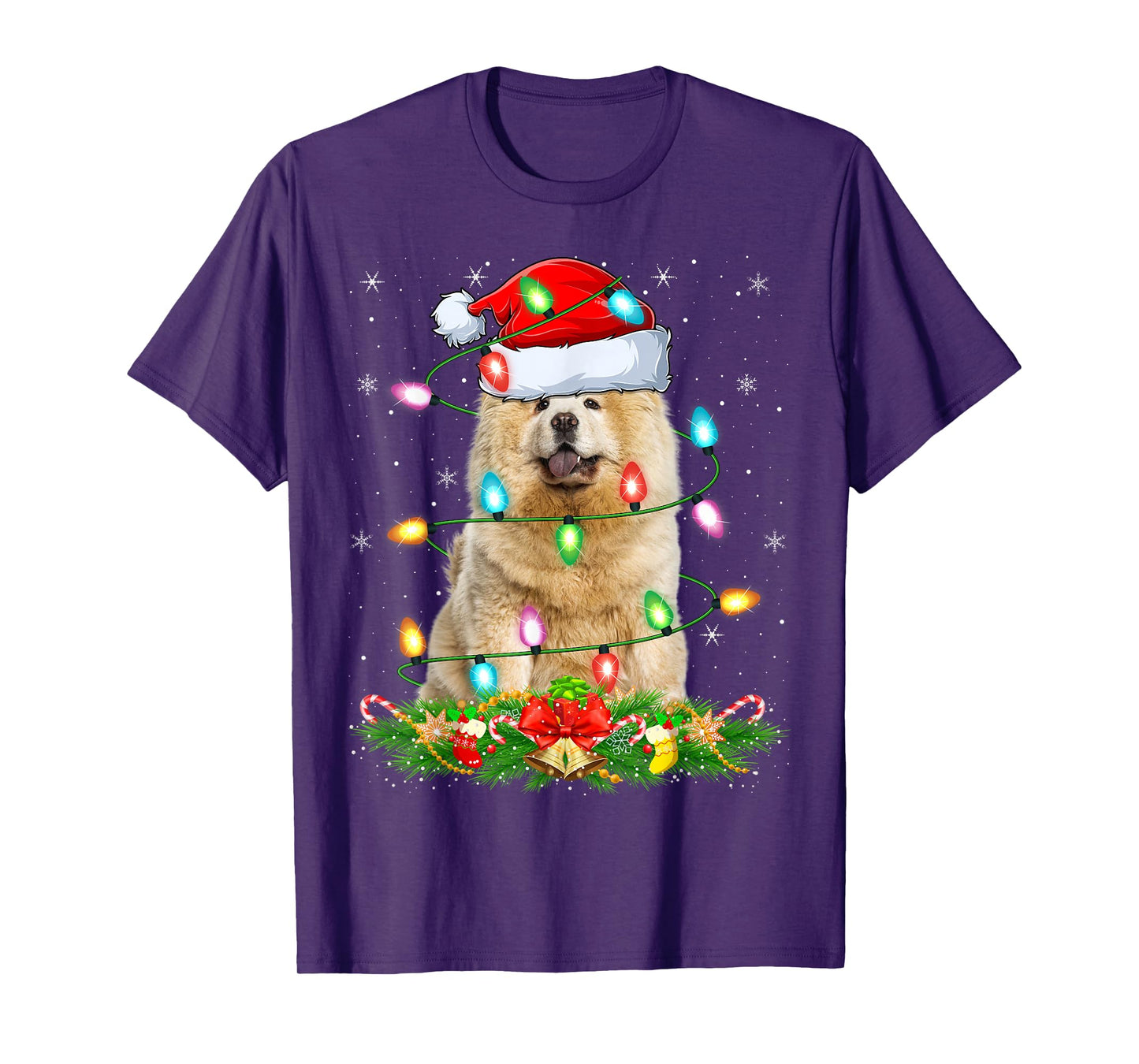 Chow Chow Dog Christmas Lights Funny Santa Hat Xmas T-Shirt