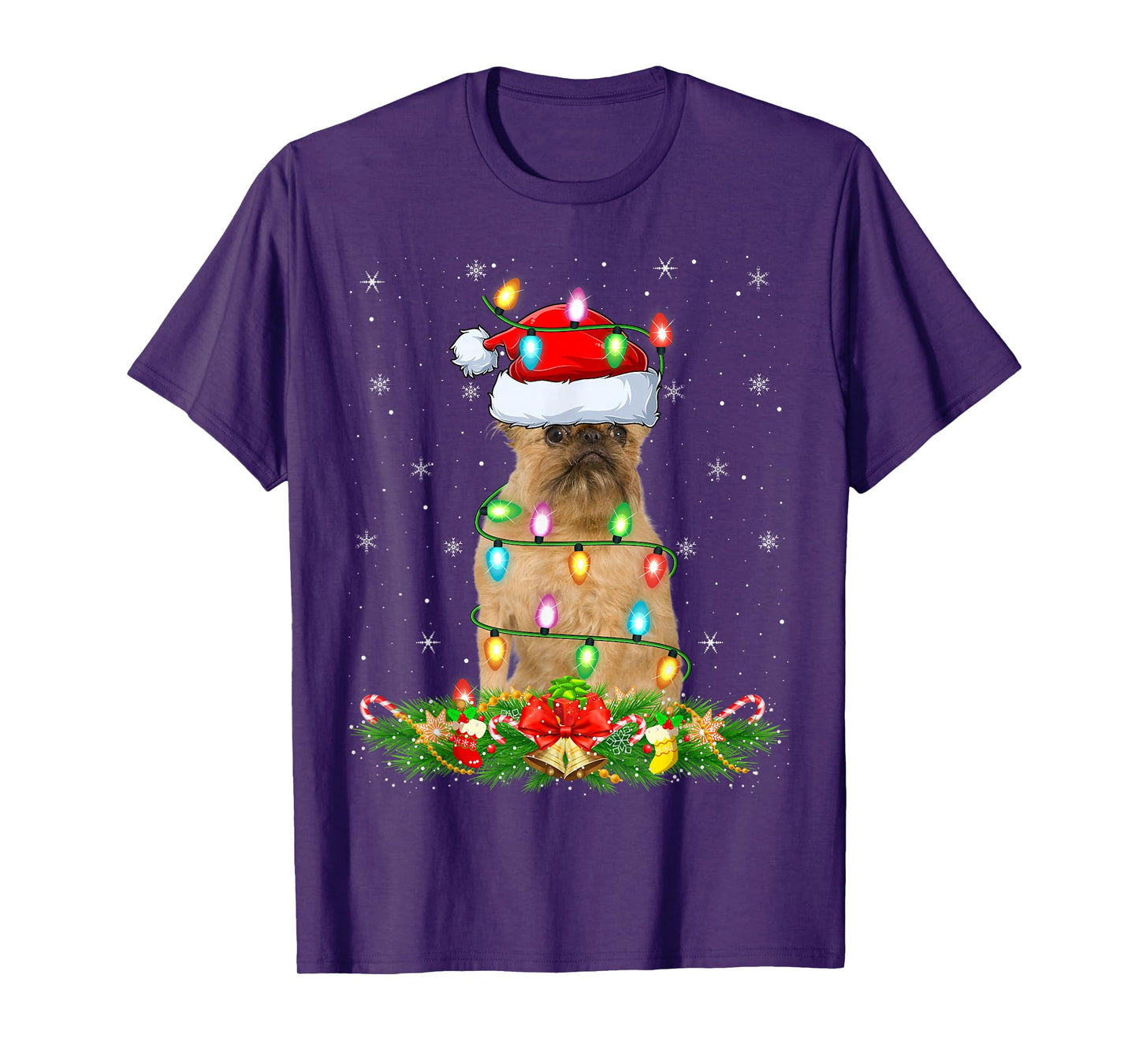 Brussels Griffon Dog Christmas Lights Funny Santa Hat Xmas T-Shirt
