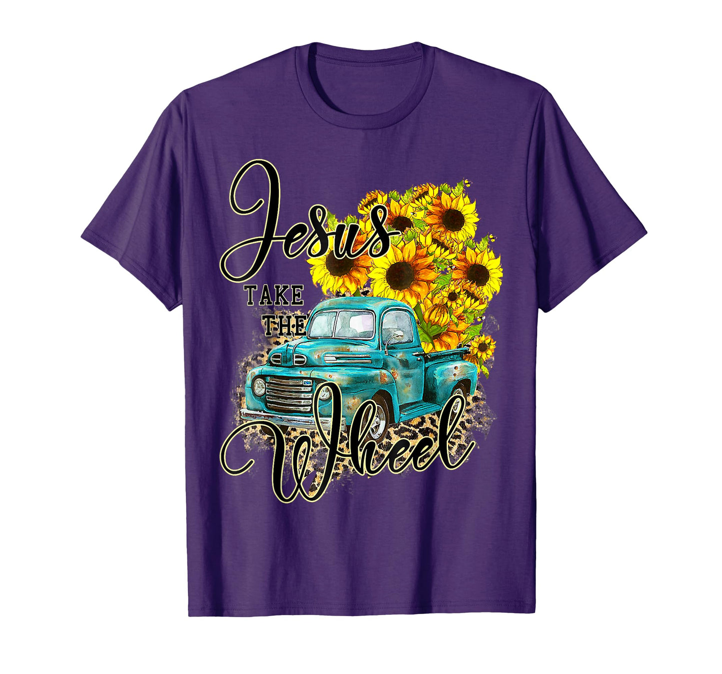 Sunflower Jesus Take The Wheel Christian Gift Leopard Print T-Shirt