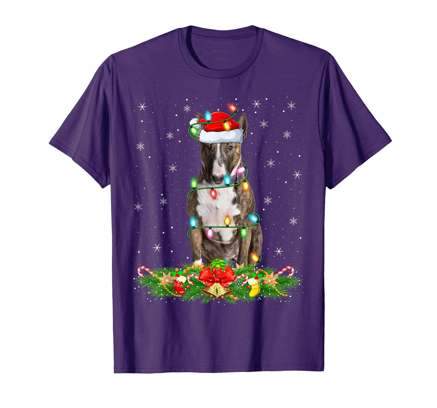 Bull Terrier Dog Christmas Lights Funny Santa Hat Xmas T-Shirt