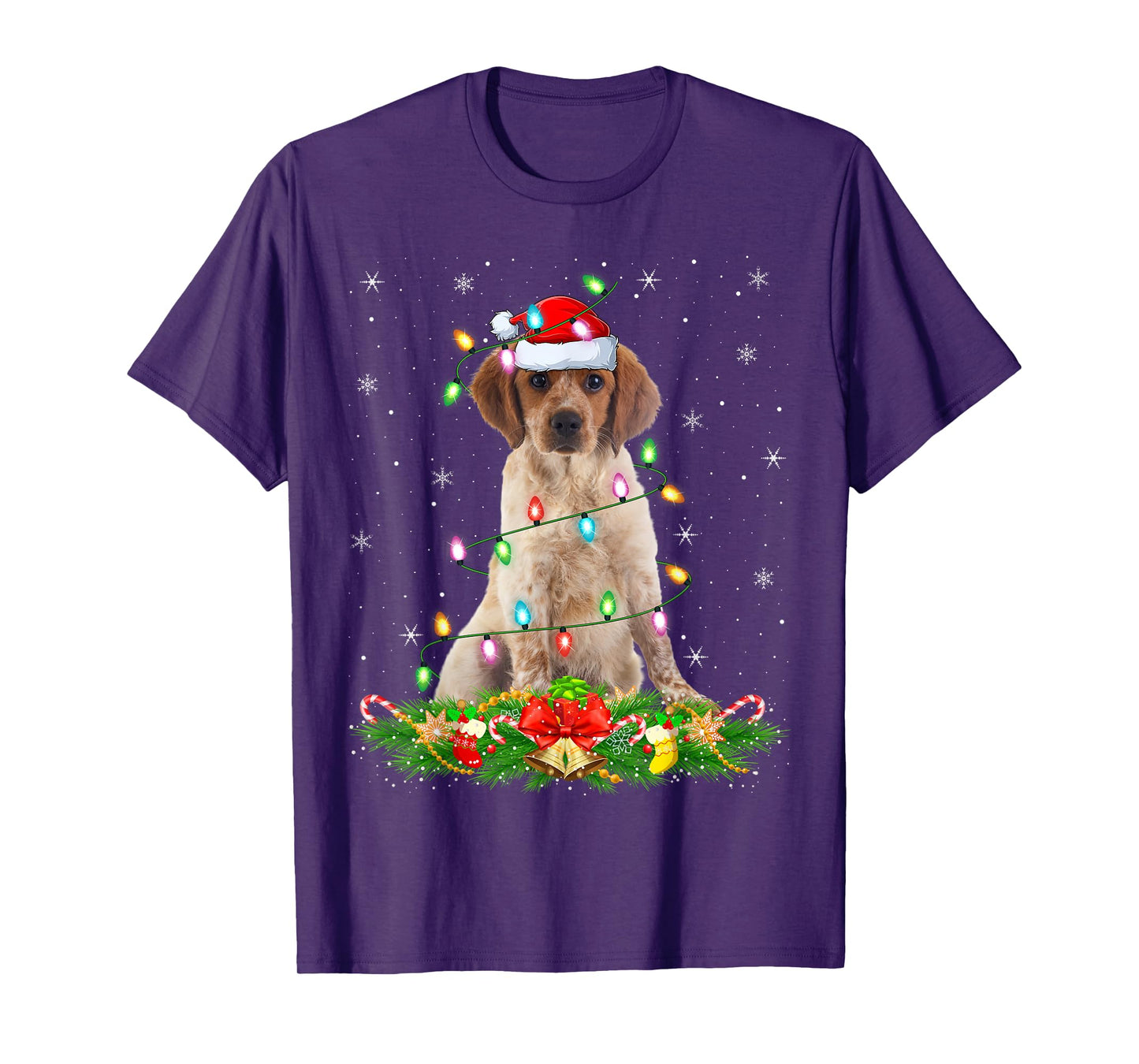 Brittany Spaniel Dog Christmas Lights Funny Santa Hat Xmas T-Shirt