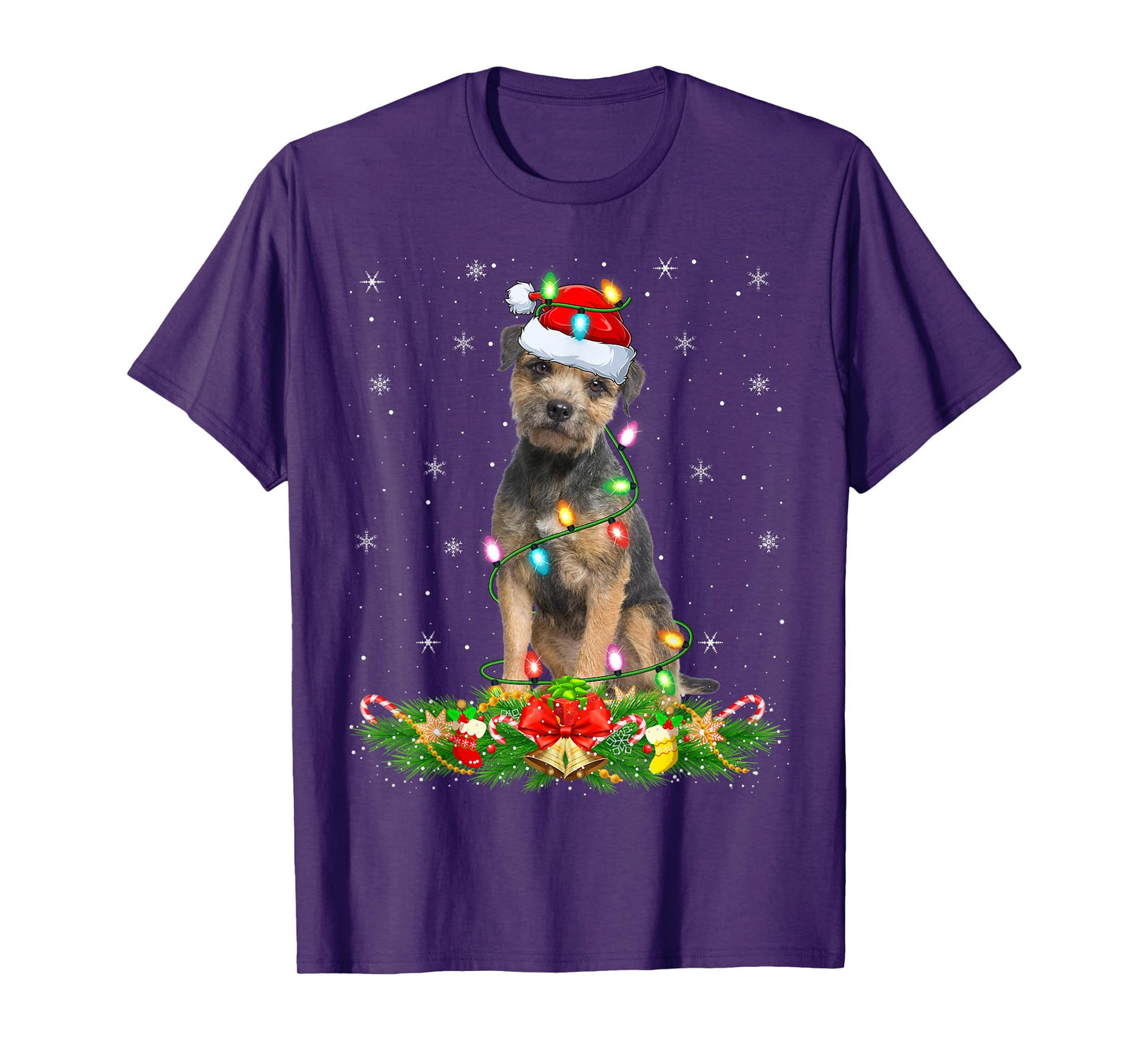 Border Terrier Dog Christmas Lights Funny Santa Hat Xmas T-Shirt