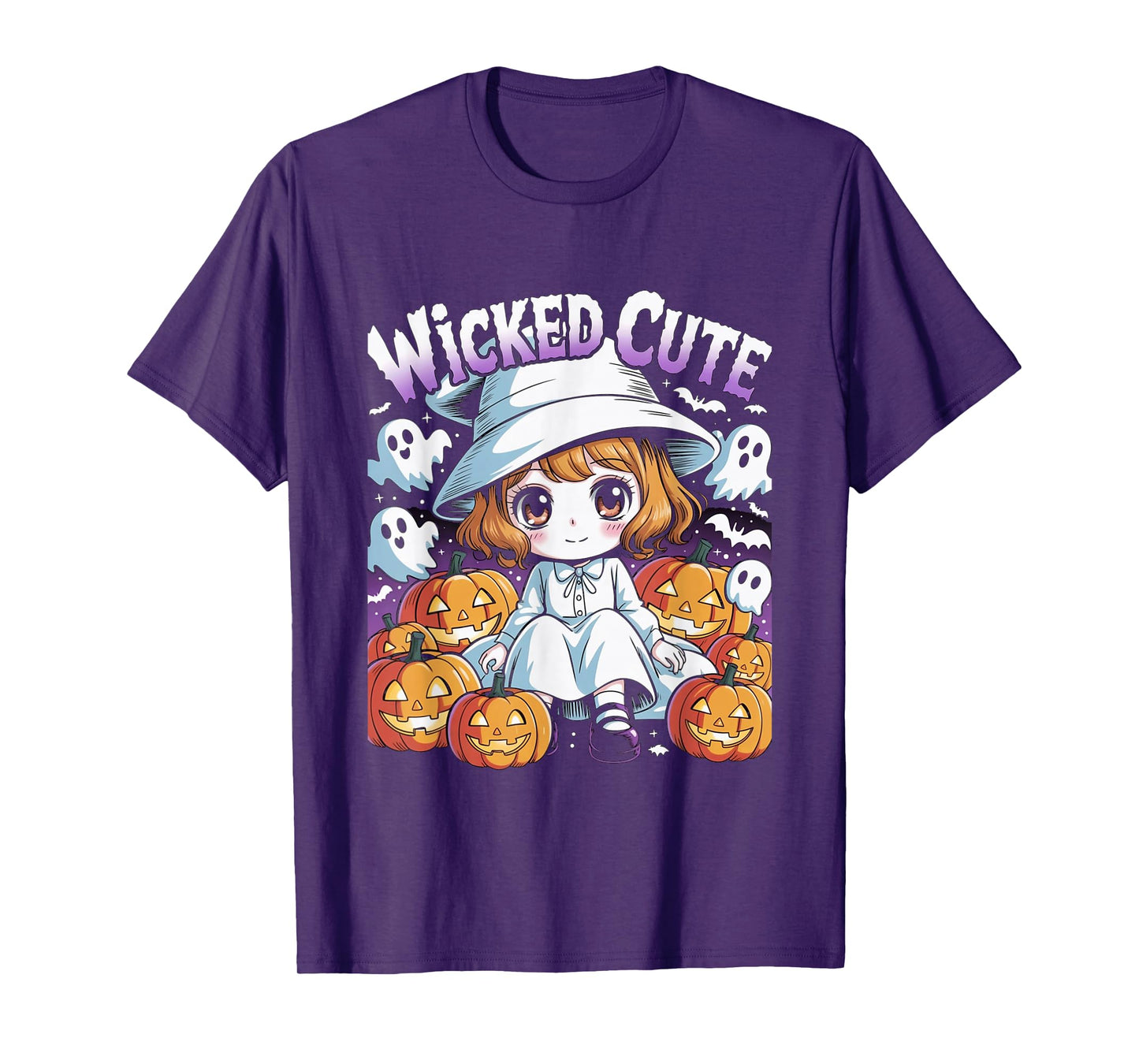 Halloween Anime Cute Witch Girls Pumpkin Bats Ghosts Kids T-Shirt