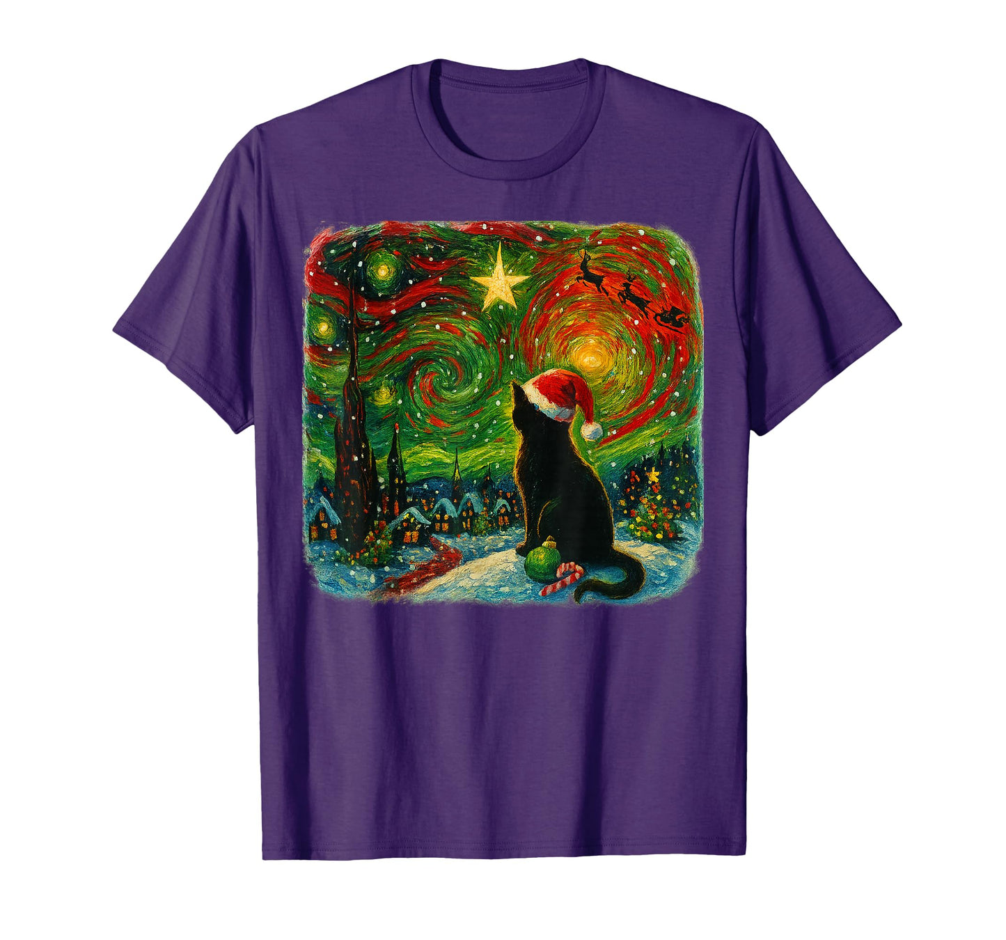 Funny Black Cat Merry Christmas Xmas Van Gogh Pajama Holiday T-Shirt