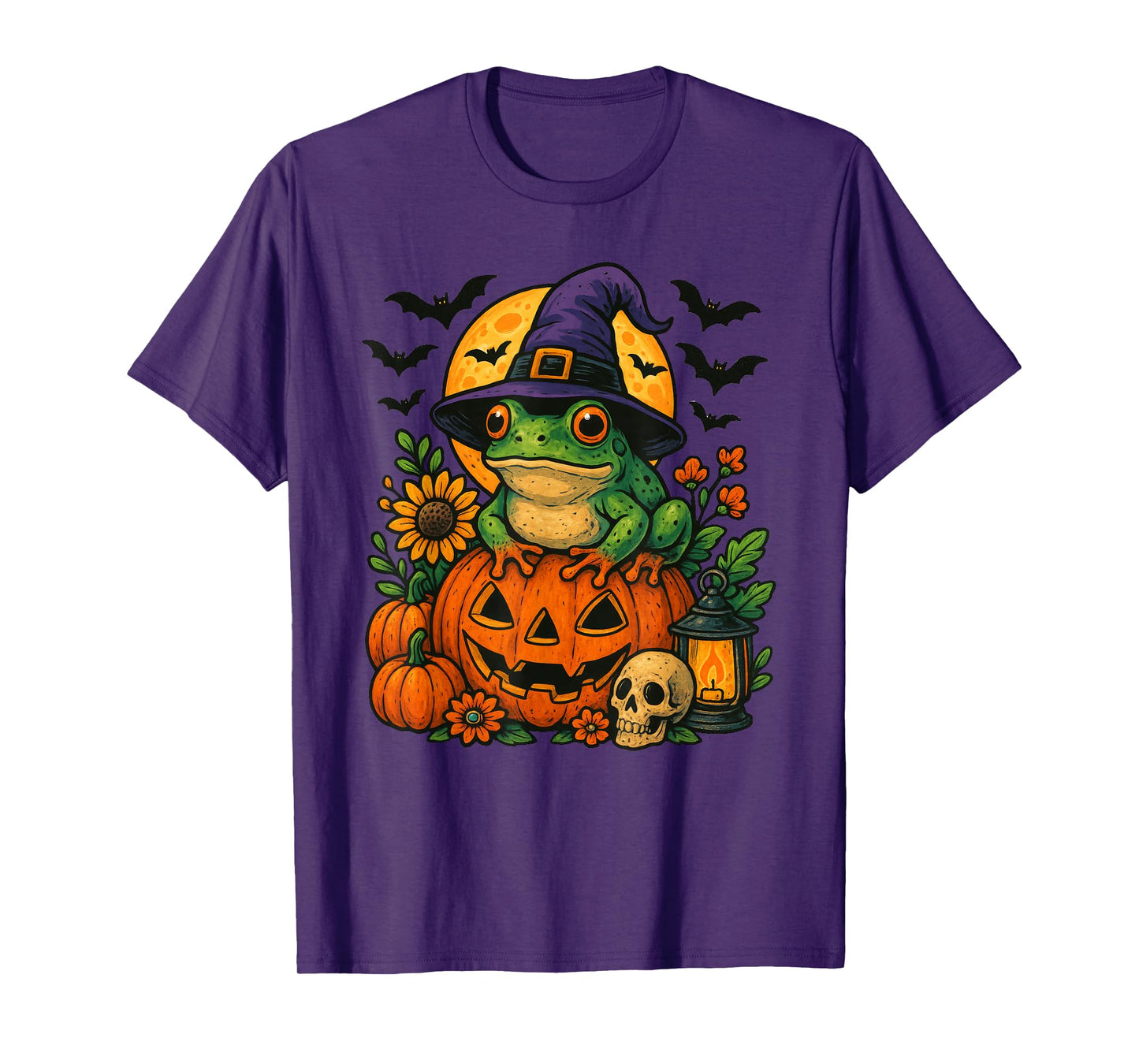 Frog Witch Hat Bats Pumpkin Halloween T-Shirt