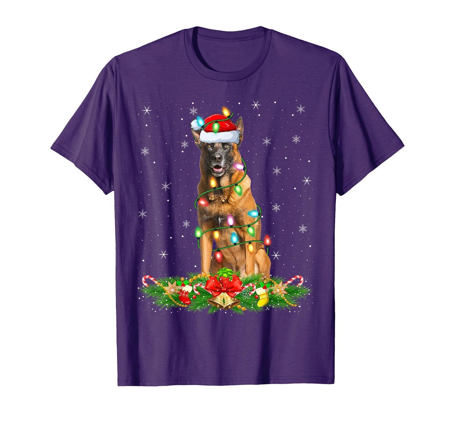 Belgian Malinois Dog Christmas Lights Funny Santa Hat Xmas T-Shirt