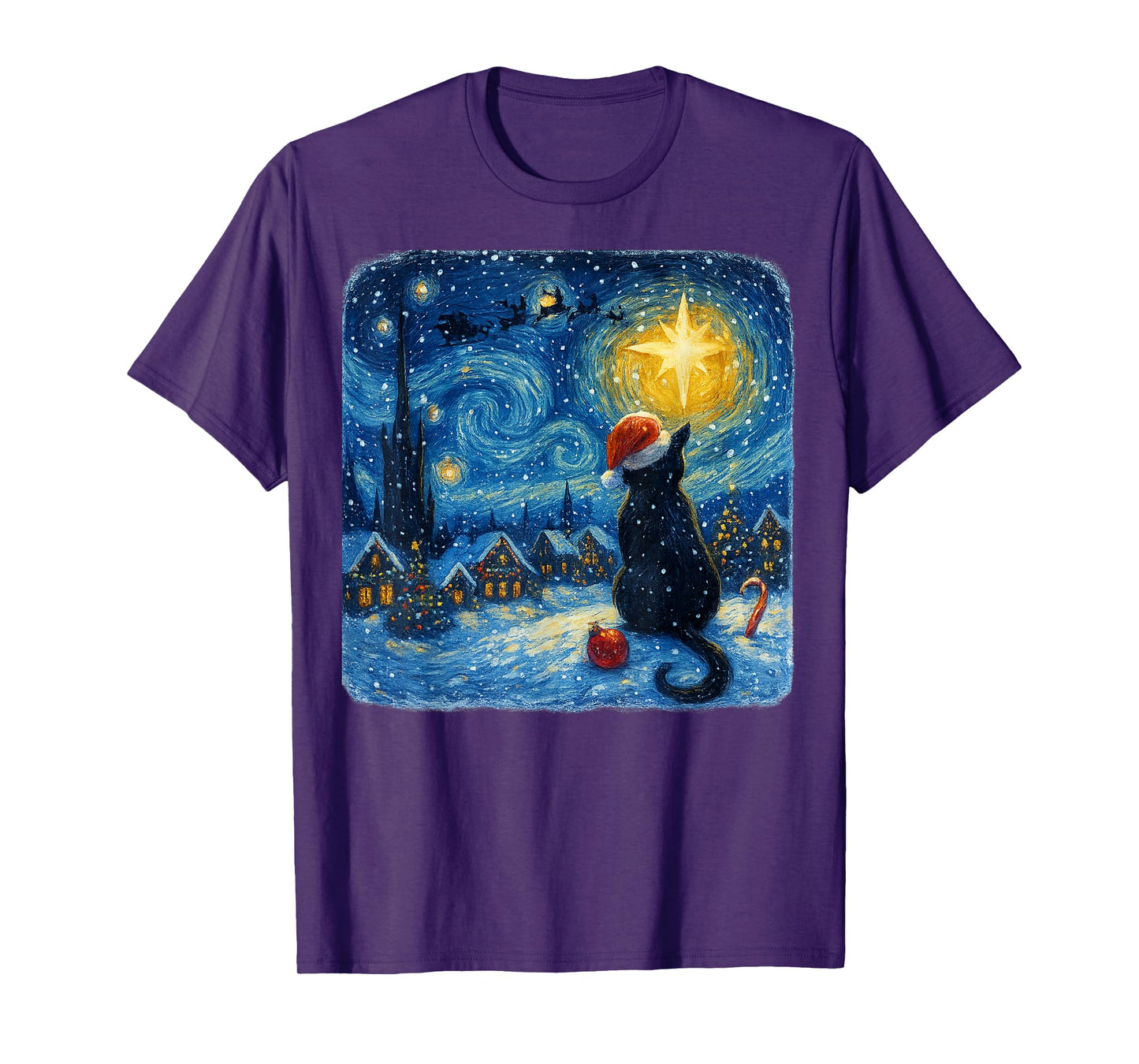 Funny Black Cat Merry Christmas Xmas Van Gogh Pajama Holiday T-Shirt