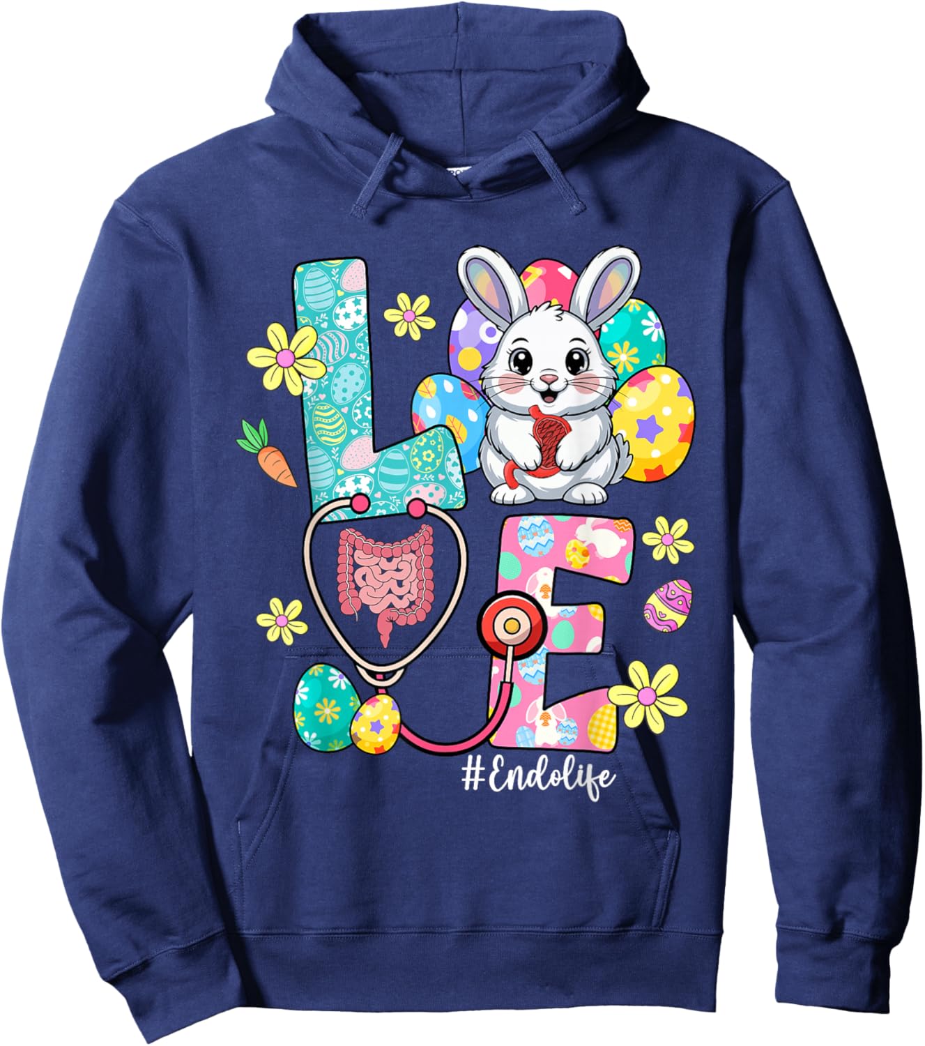 Love Endo Life Endo Nurse Bunny Stethoscope Easter T-Shirt - Hoodie | Navy