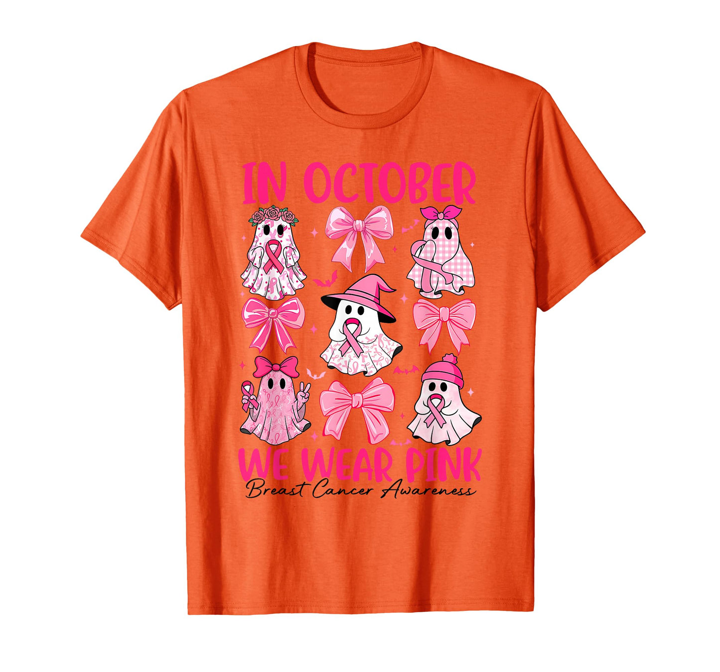 in October We Wear Pink Ghost Witch Breast Cancer Awareness T-Shirt