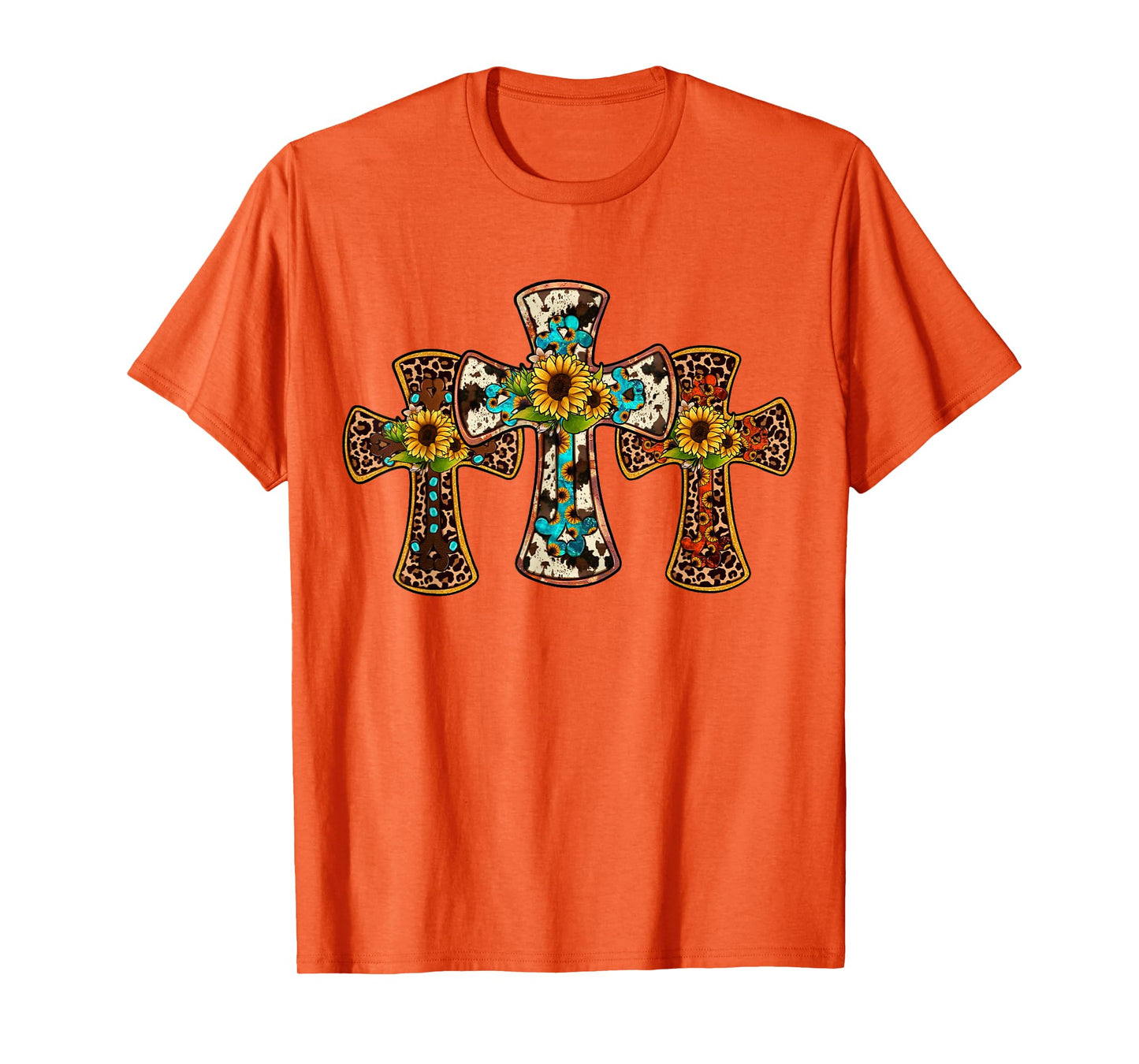 Western Cross Christian God Jesus Sunflower Cowhide T-Shirt