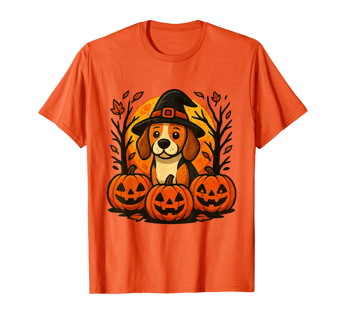Halloween Cute Beagle Witch Hat Pumpkins Autumn Leaves T-Shirt