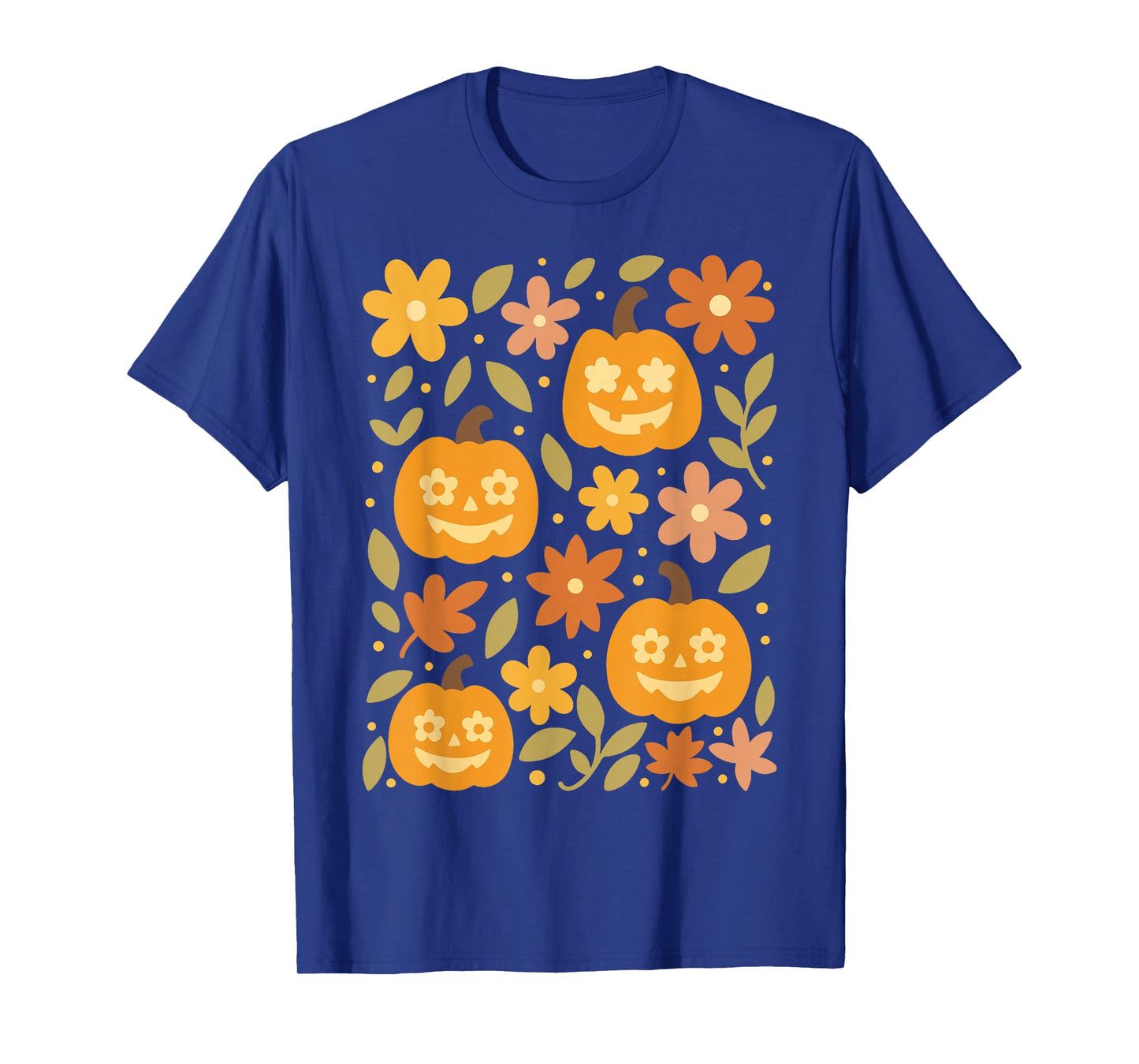 Cute Halloween Pumpkin Jack O Lantern and Fall Flowers Retro T-Shirt