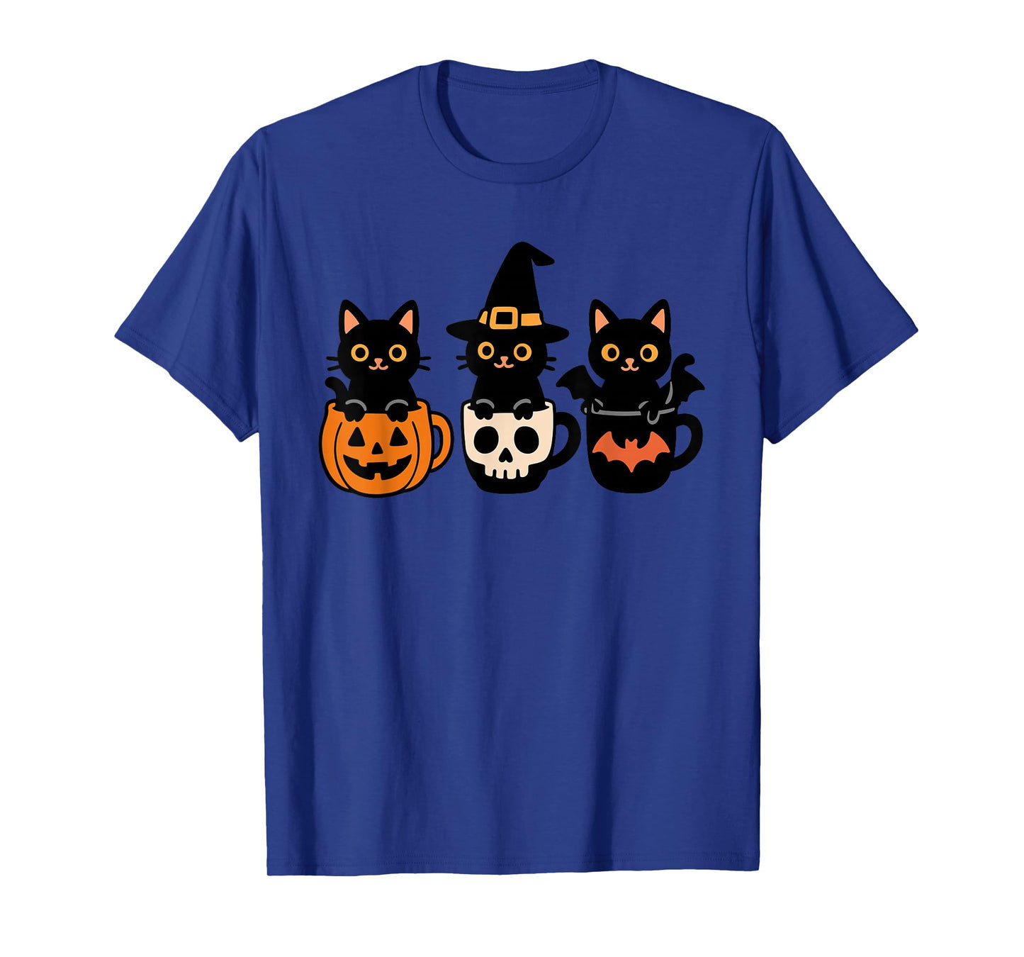 Halloween Cats in Mugs with Pumpkin Skull and Bat Cute Cat T-Shirt