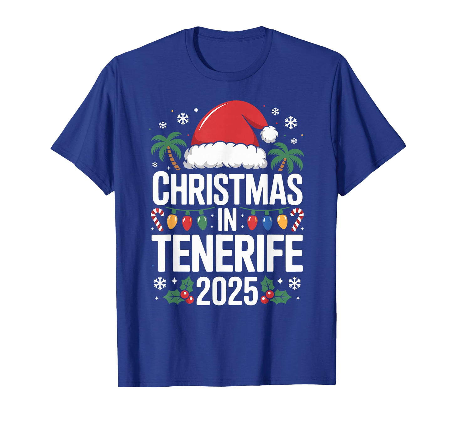 Fun Tropical Santa Hat and Lights Christmas in Tenerife 2025 T-Shirt