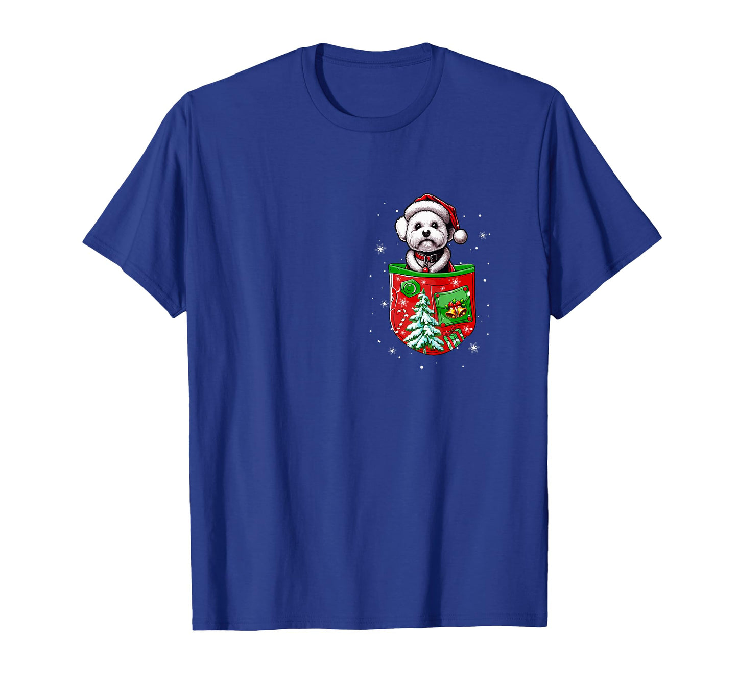 Santa Bichon Frise in Pocket Owner Christmas Tree Bells T-Shirt