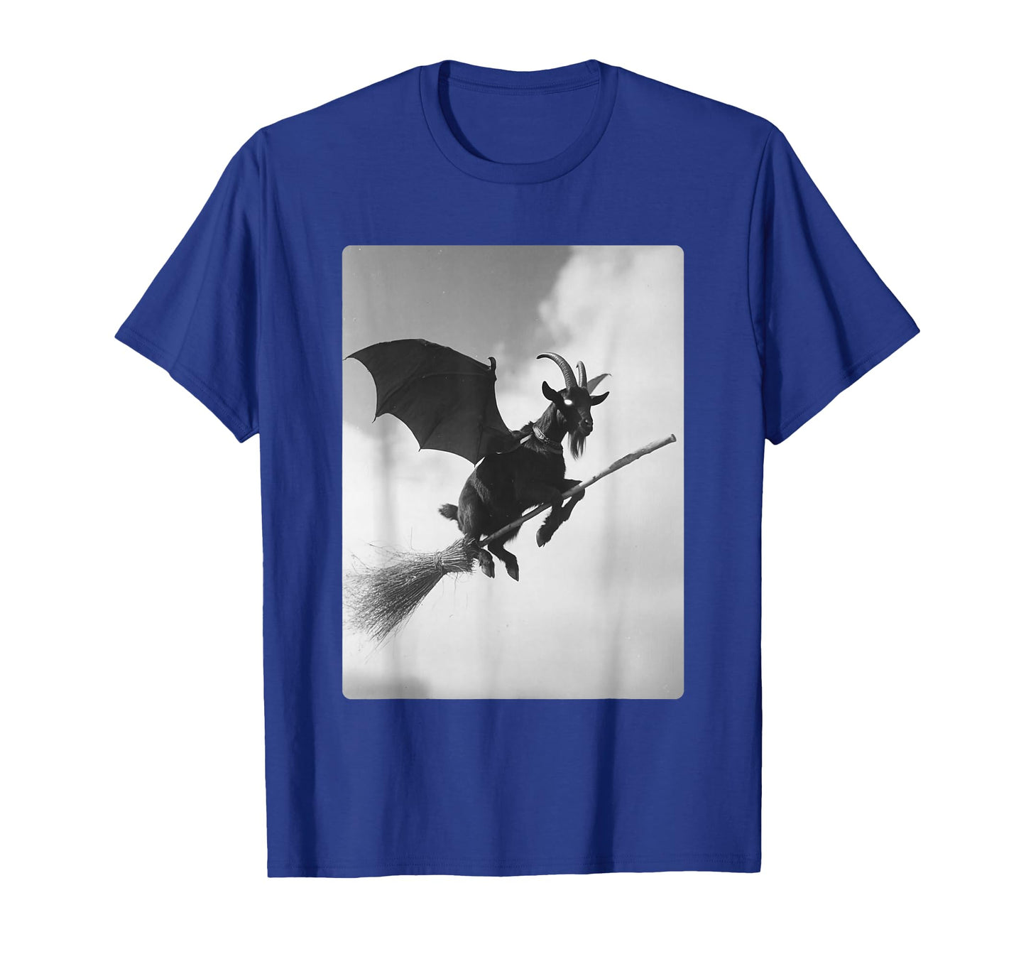 Gothic Goat Flying Witch Broom Bat Wings Spooky Halloween T-Shirt