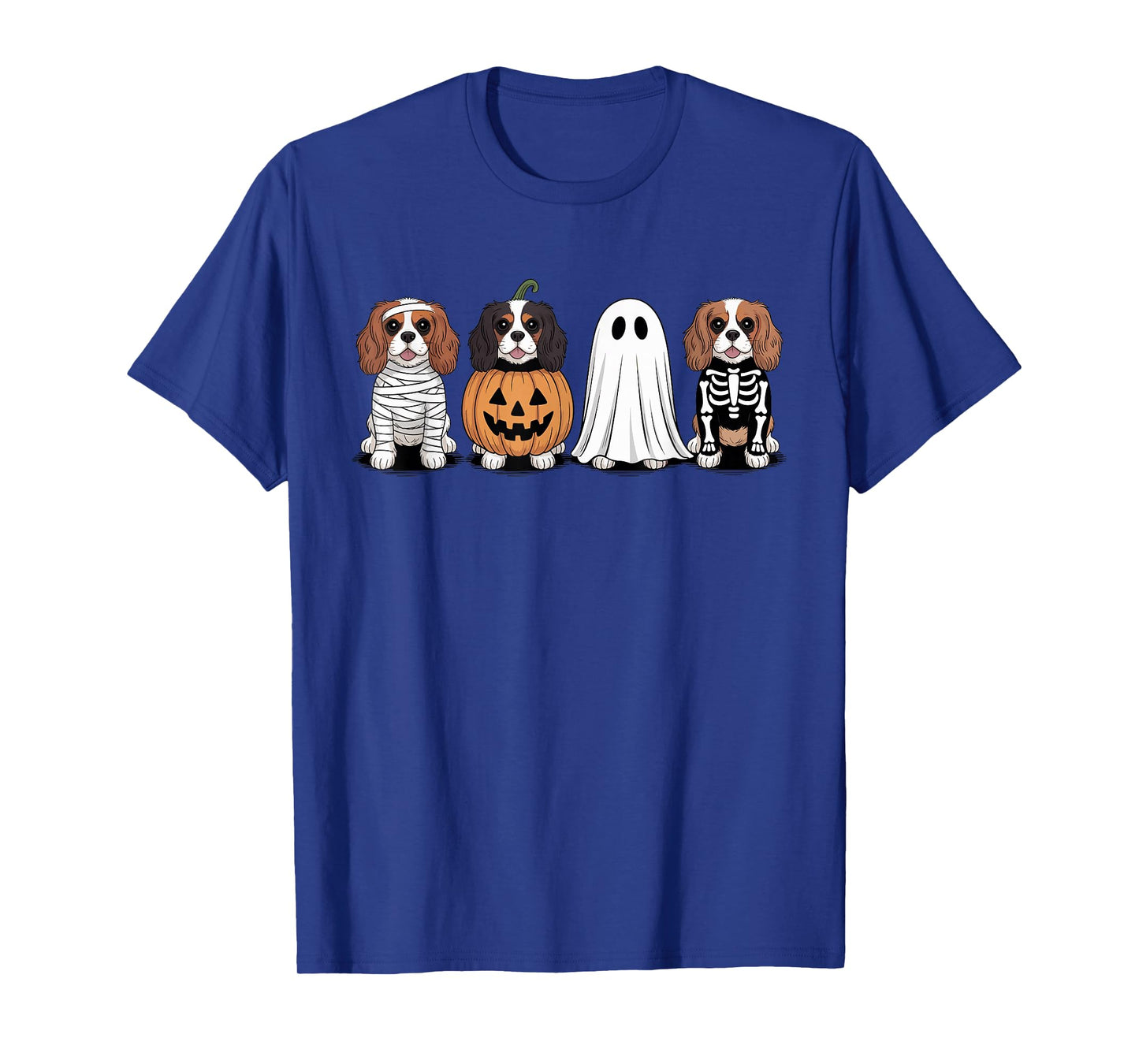 Spooky Ghost Cavalier Dog Pumpkin Halloween Skeleton T-Shirt