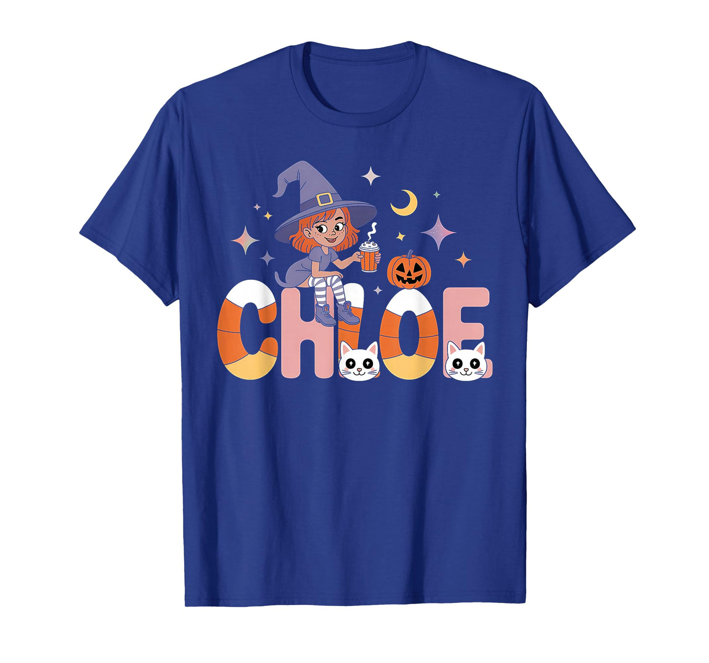 Chloe Witch Candy Corn Cat Halloween Women and Girls T-Shirt