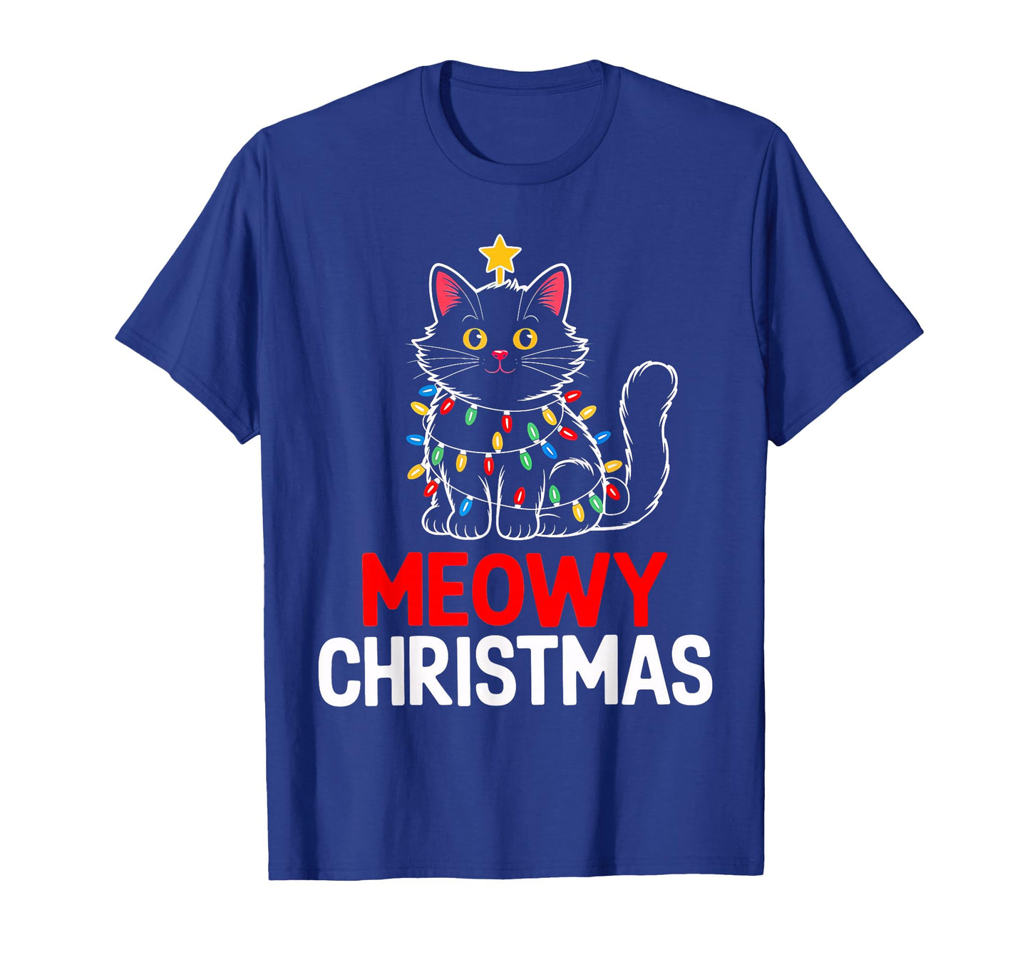Meowy Christmas Light Black Cat Santa Hat Funny Xmas Pajamas T-Shirt