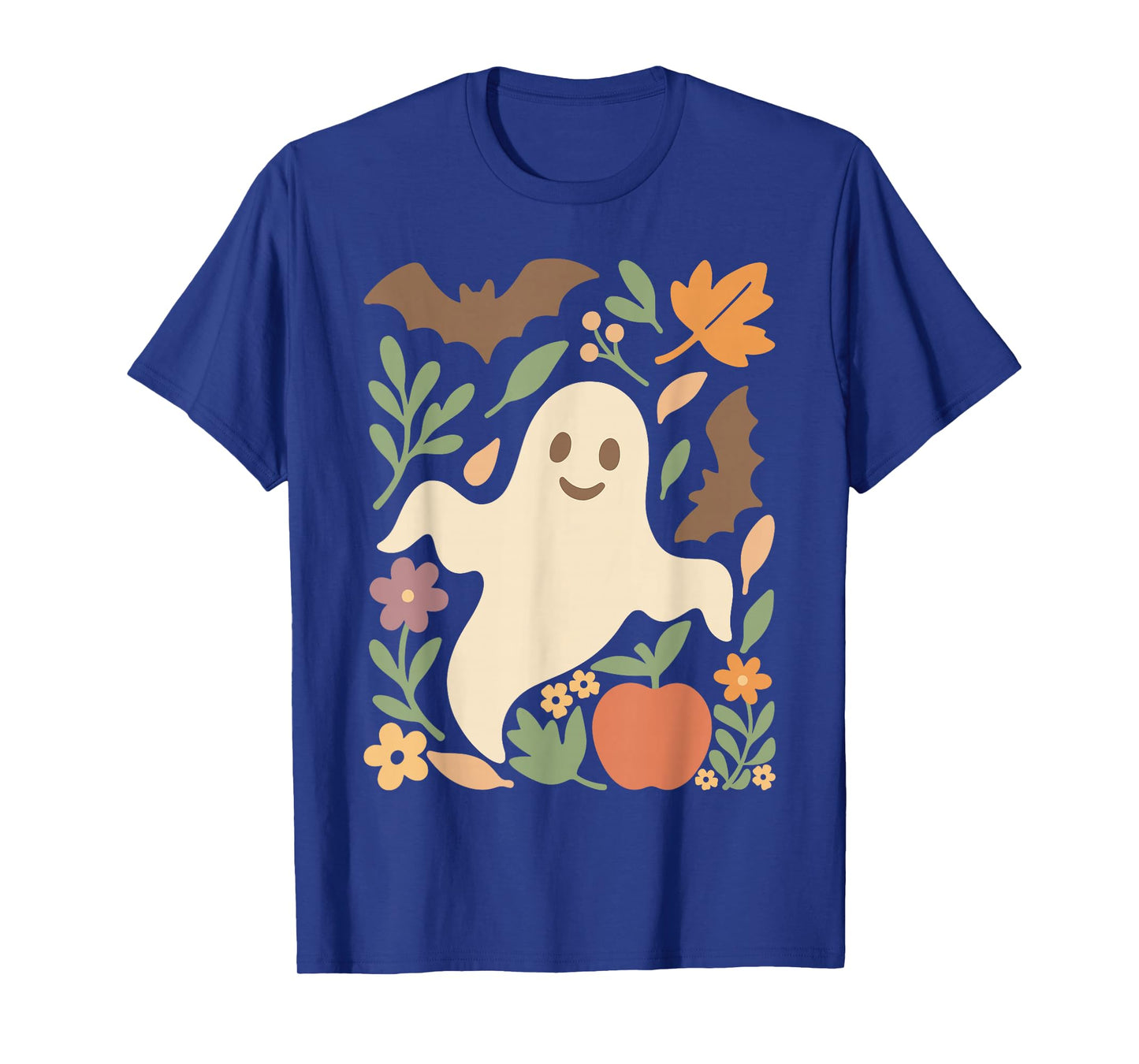 Cute Halloween Ghost All Leaves Bat Apple and Flowers Retro T-Shirt